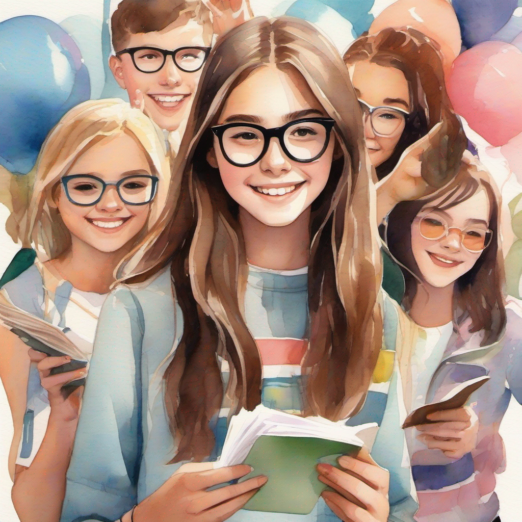 A 14-year-old girl with brown hair, wearing glasses surrounded by friends, some holding party invitations