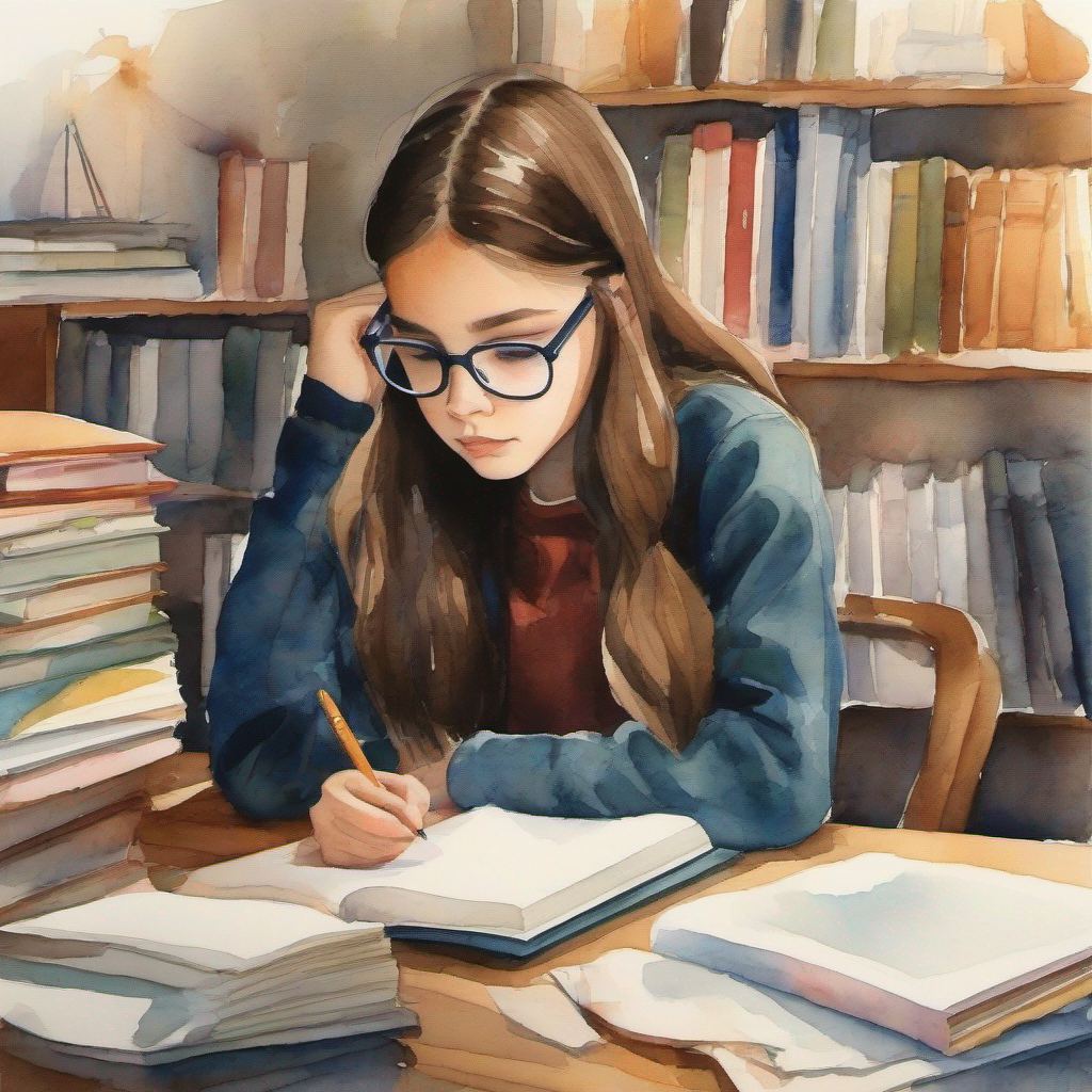 A 14-year-old girl with brown hair, wearing glasses sitting at a desk, studying with determination
