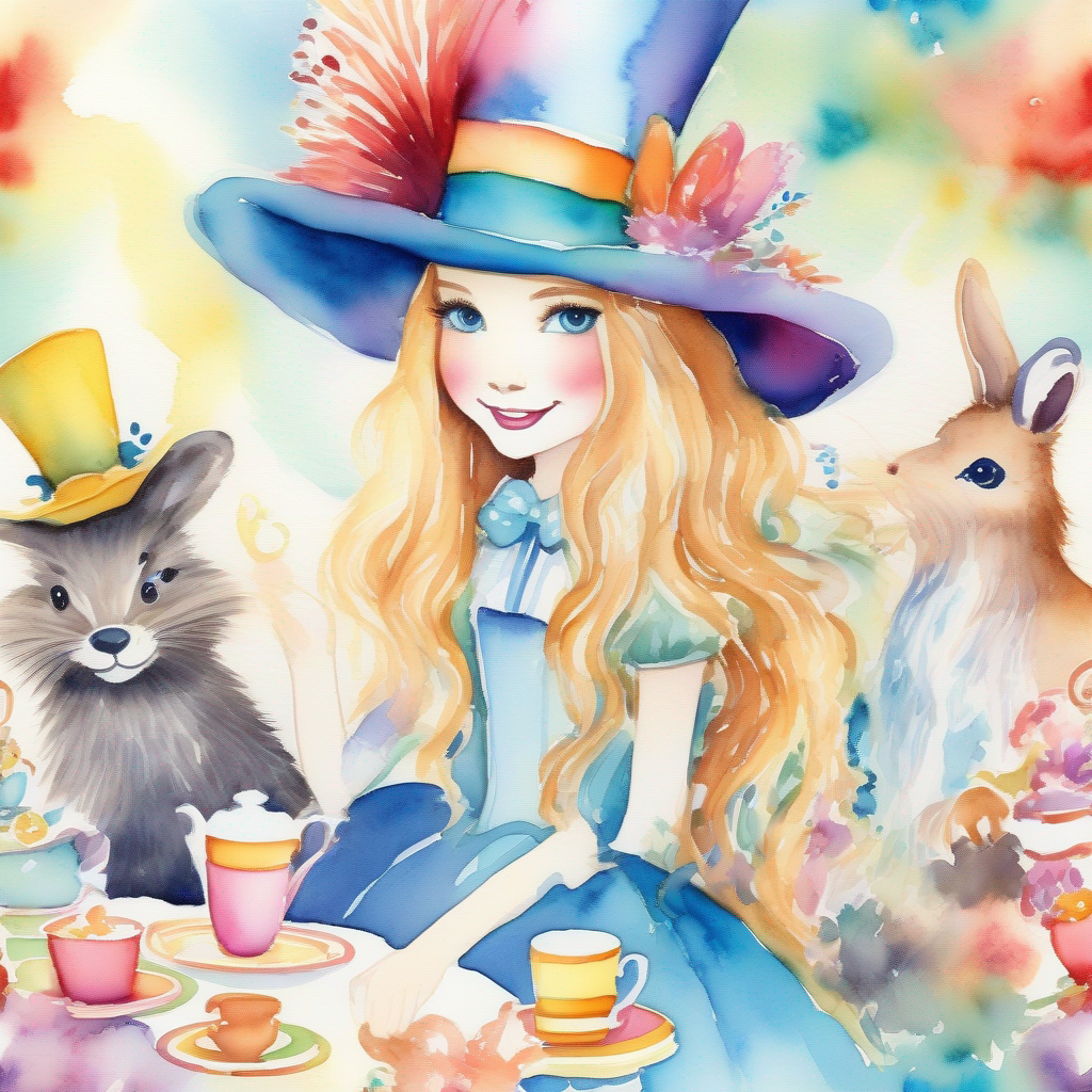 Alice meets the Colorful and eccentric, wearing a tall hat and Furry and energetic with a mischievous smile at a tea party
