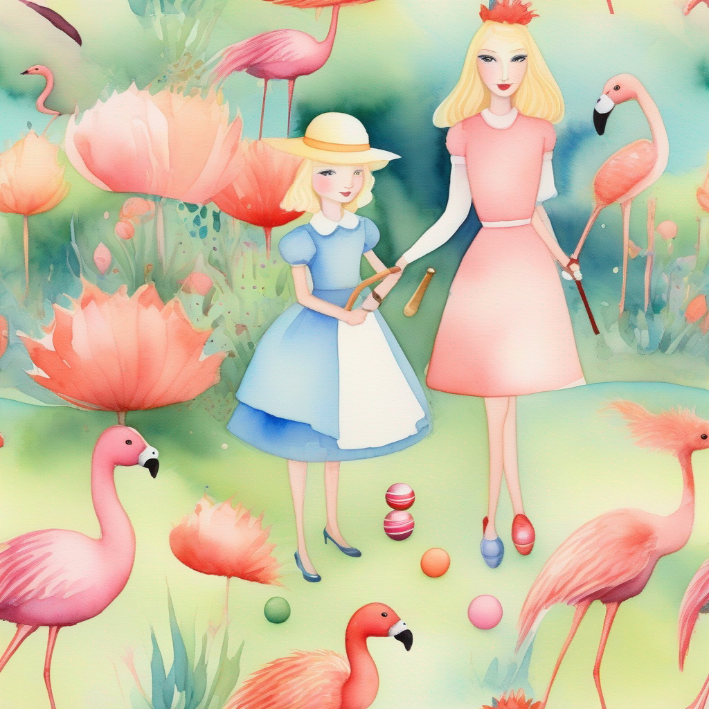 Alice plays croquet with the Queen using flamingos and hedgehogs