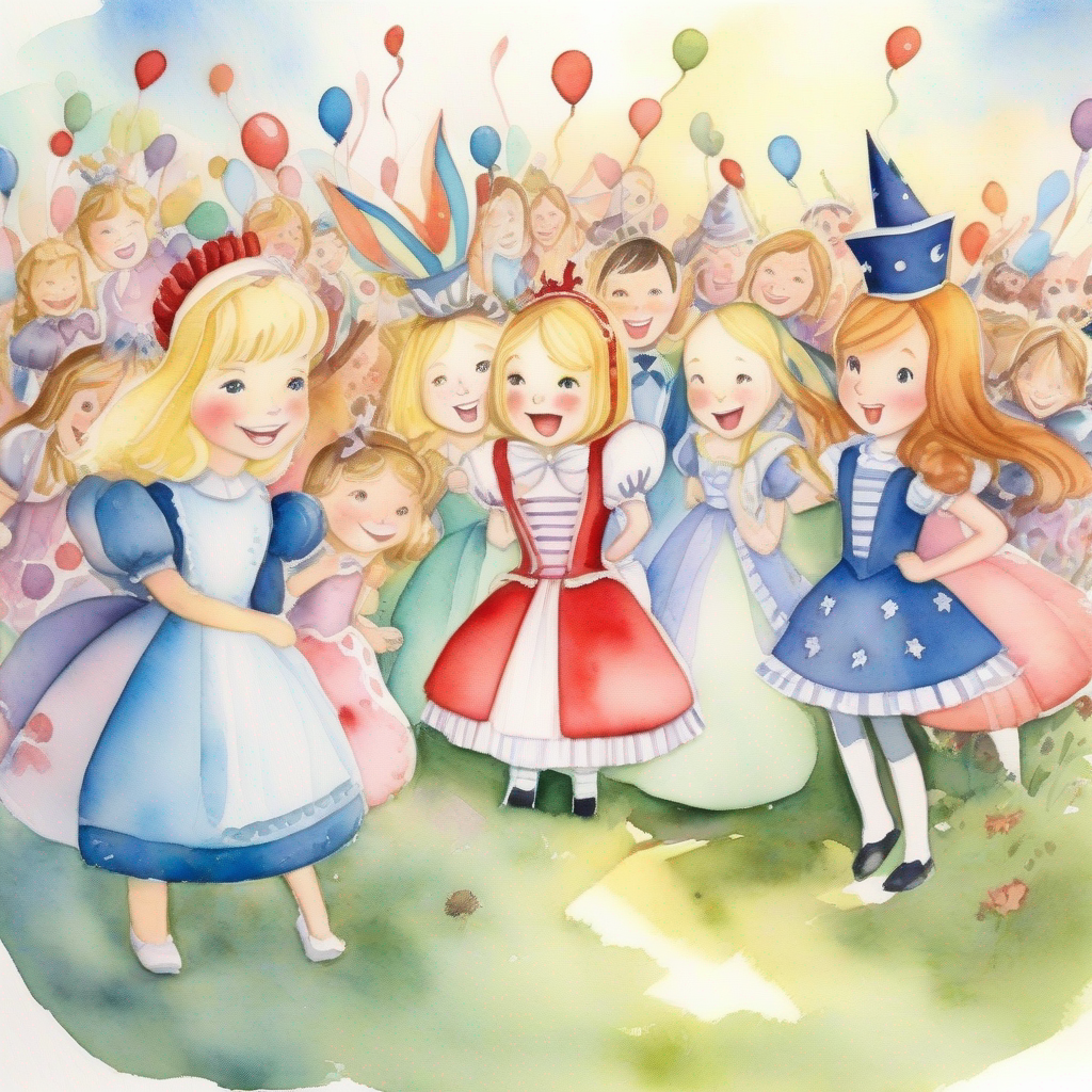 Alice and her friends celebrate the defeat of the Queen