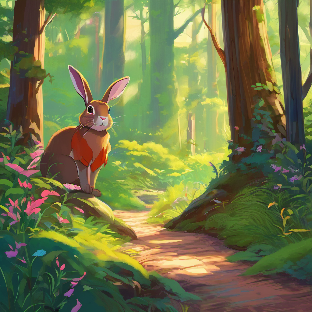 As Ayla stepped into the forest, she instantly felt a wave of magic surrounding her. The trees seemed to whisper secrets, and the flowers bloomed in different vibrant colors. Little did she know that the forest was enchanted, and anything was possible within its boundaries. Suddenly, Ayla stumbled upon a small, talking rabbit named Rambo. Rambo, who had been waiting for Ayla's arrival, had heard from the forest spirits that she was coming to embark on a magical journey. Excitedly, Rambo hopped beside Ayla, offering to be her guide and protector throughout this adventure.