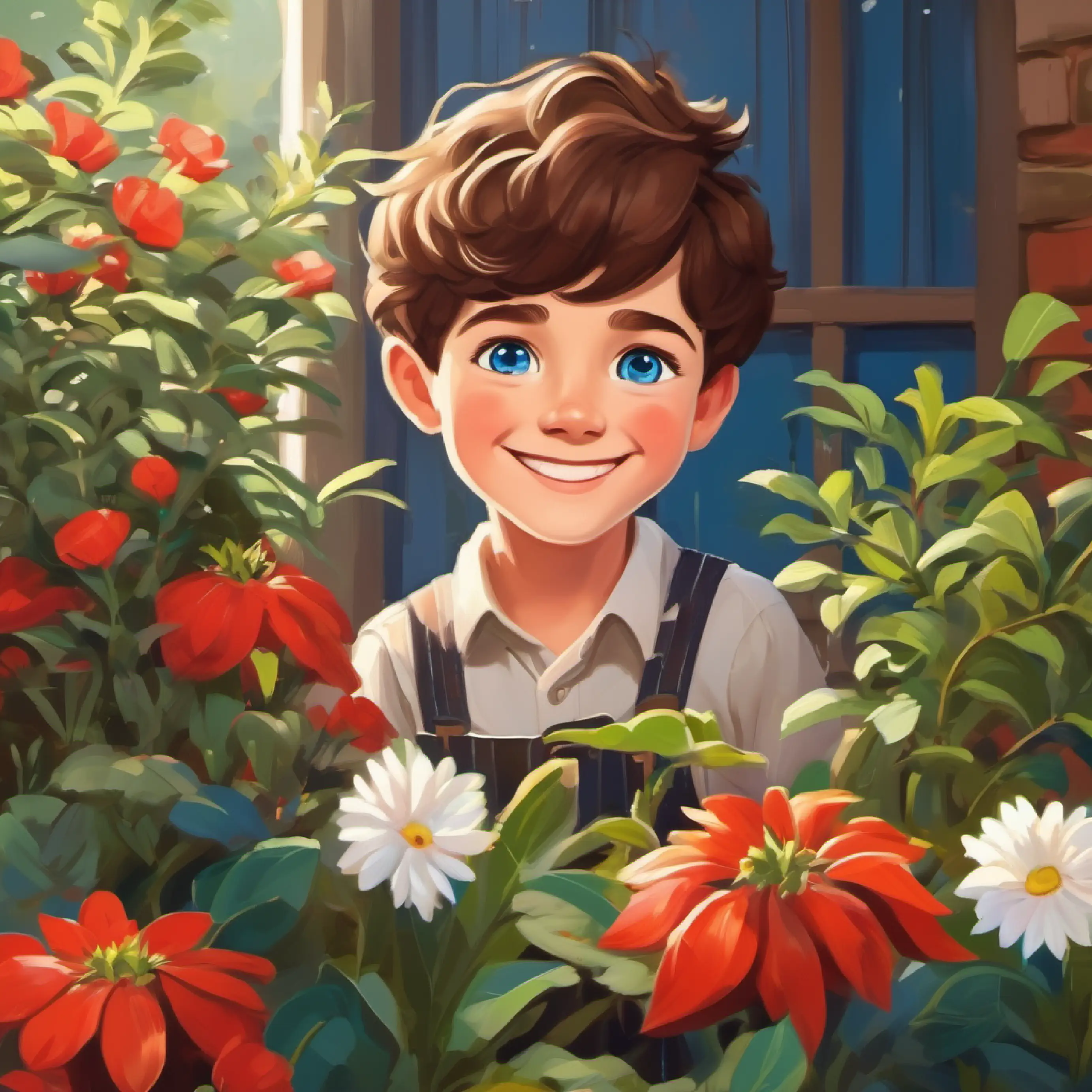 Good Happy boy with blue eyes, short brown hair, often smiling helps his mom and enjoys gardening.