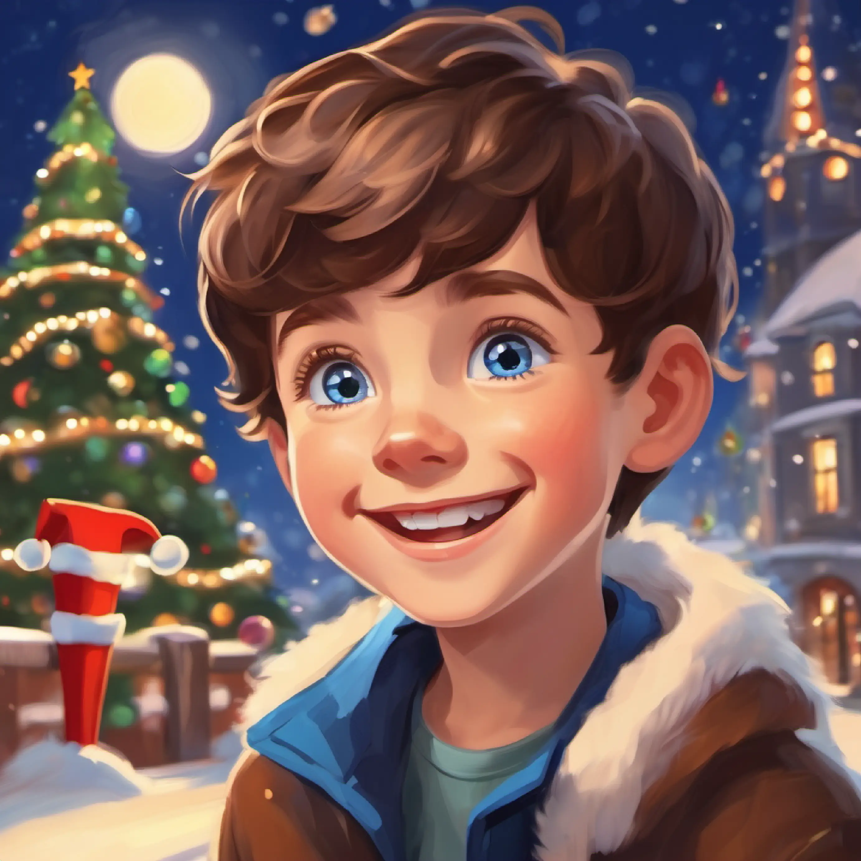 Happy boy with blue eyes, short brown hair, often smiling sharing with friends, playing happily.
