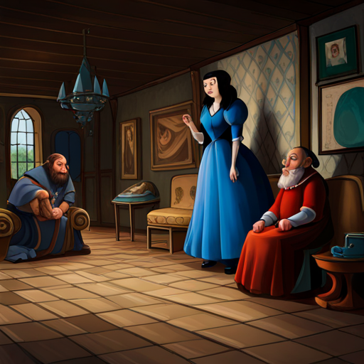 The evil Queen planning to kill A beautiful princess with black hair and a blue dress. in the dwarfs' house