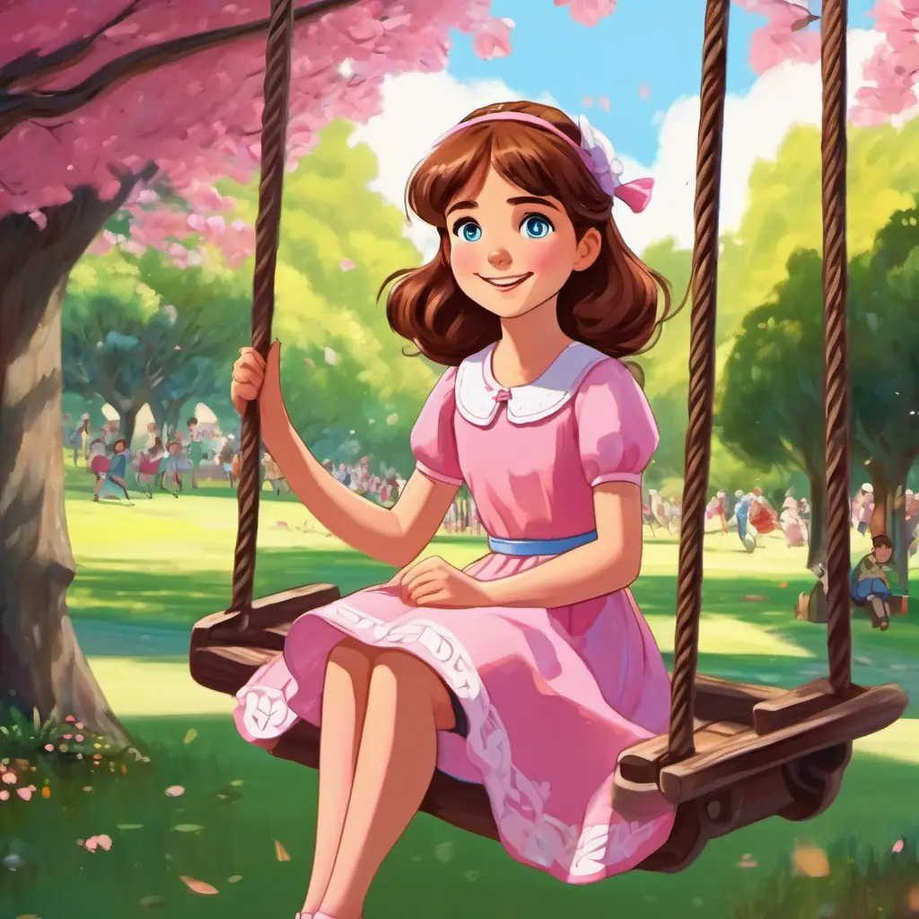 Anna has brown hair and blue eyes She is wearing a pink dress sitting on a swing in a park, surrounded by children playing and laughing