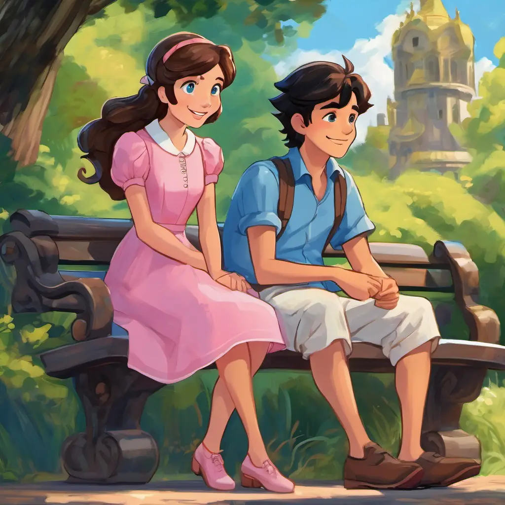 Anna has brown hair and blue eyes She is wearing a pink dress and Jakub has black hair and brown eyes He is wearing a blue shirt sitting on a bench, smiling and talking animatedly