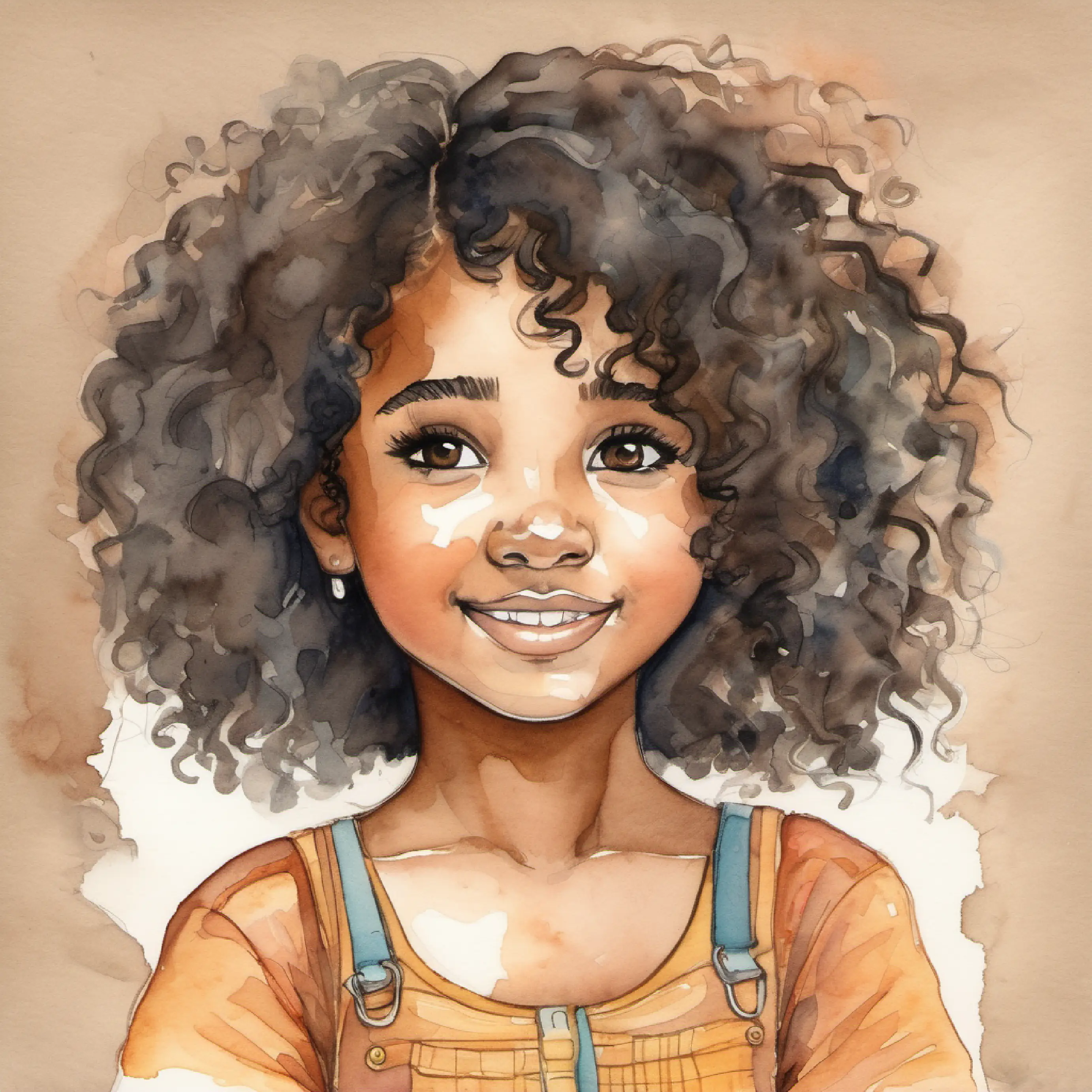 Cheerful girl, brown skin, curly black hair, big brown eyes unhappy, holding her stomach.