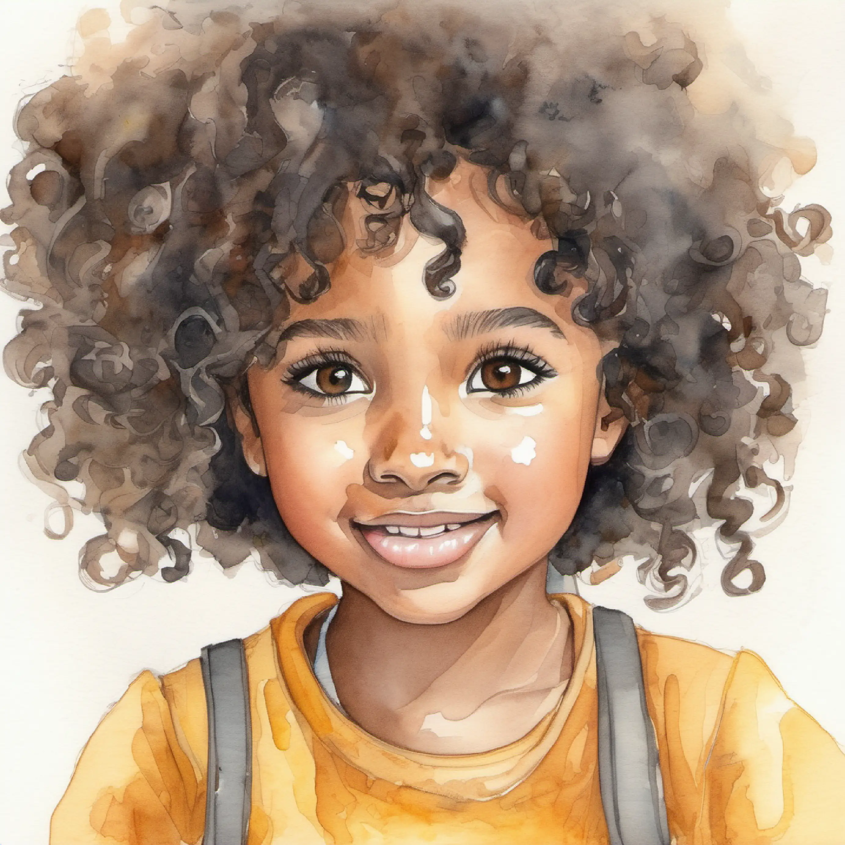 Cheerful girl, brown skin, curly black hair, big brown eyes thinking, germs near her mouth.