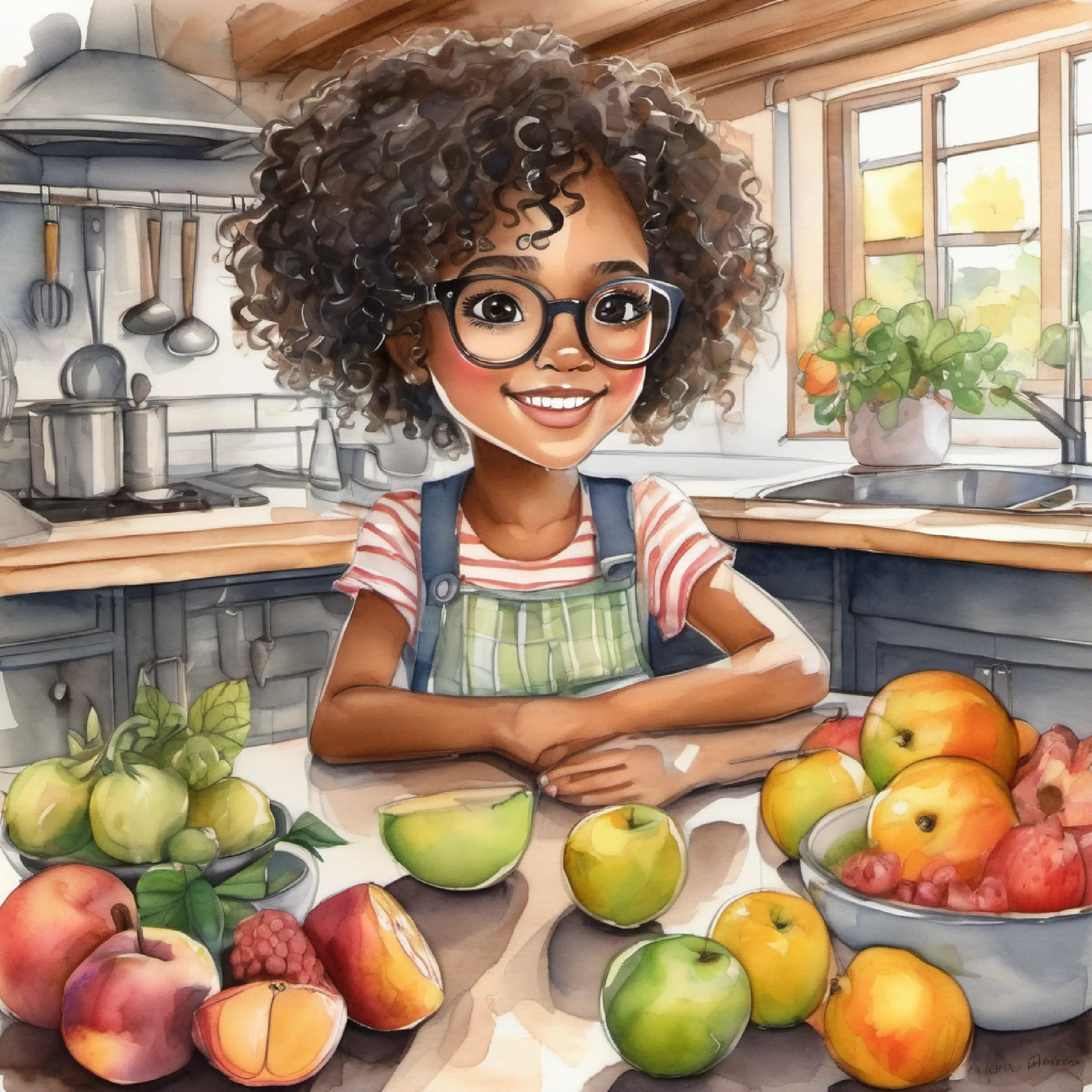 Caring figure, light skin, straight brown hair, glasses in the kitchen with fruits, asking Cheerful girl, brown skin, curly black hair, big brown eyes.
