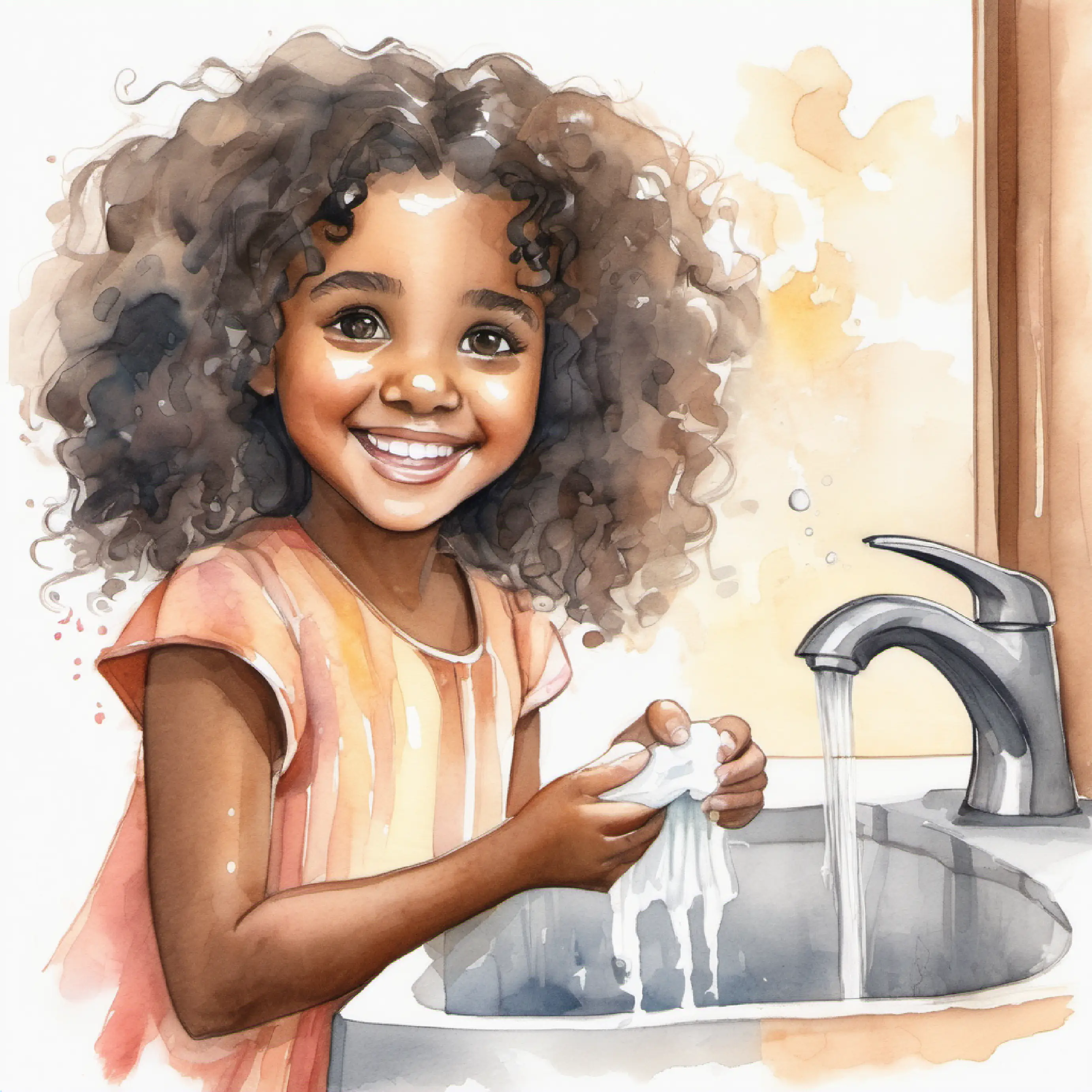 Cheerful girl, brown skin, curly black hair, big brown eyes washing hands with soap too late.