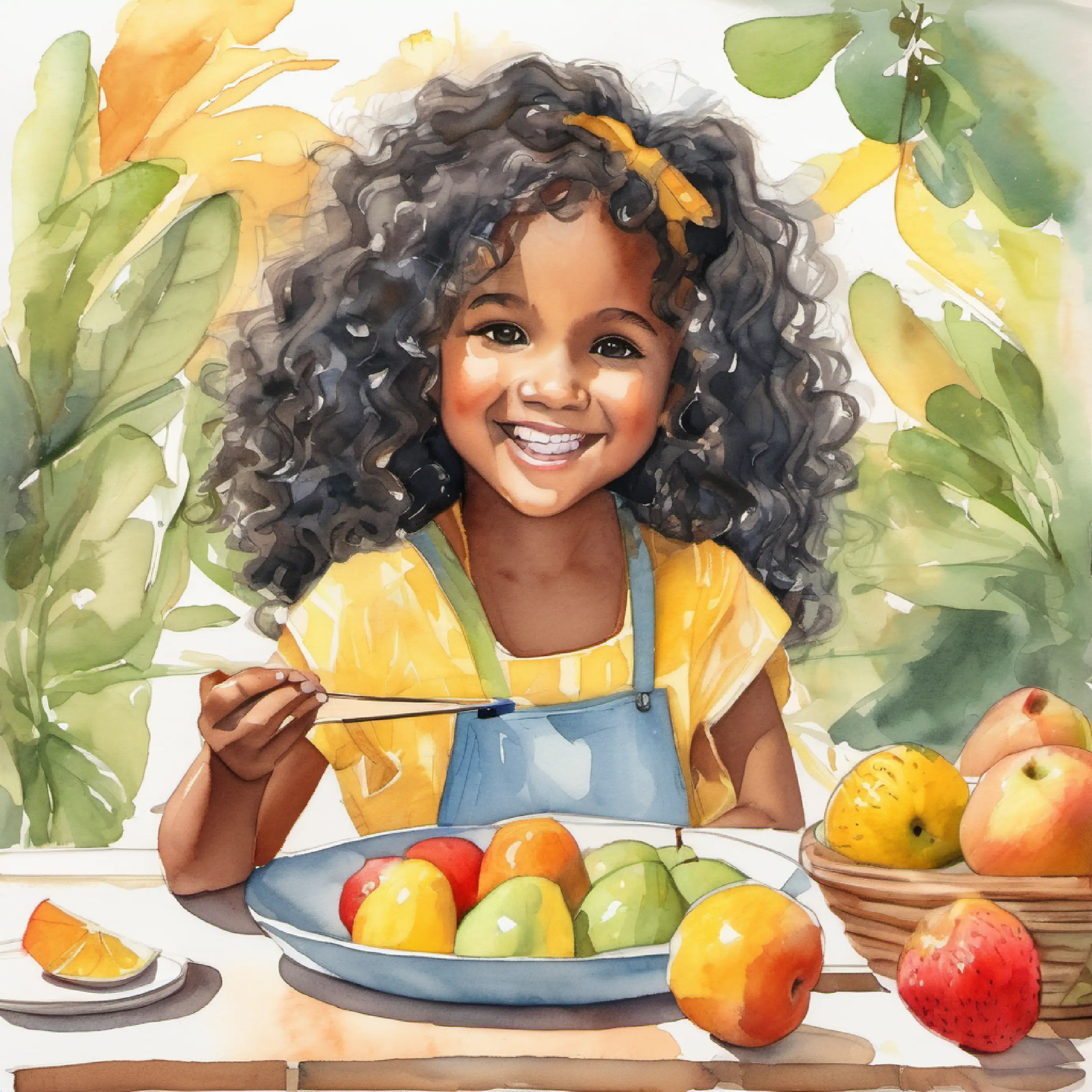 Cheerful girl, brown skin, curly black hair, big brown eyes picking a wafer, fruit plate aside.