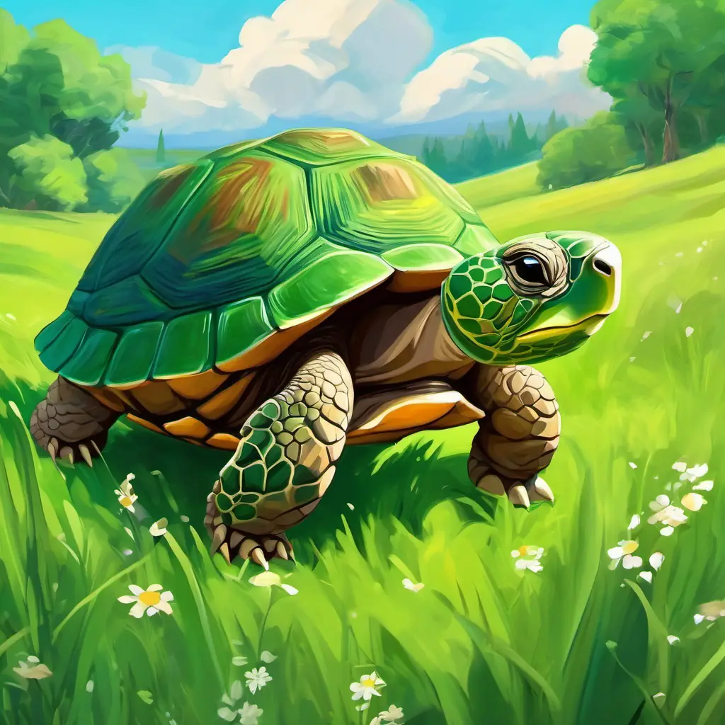 The The Tortoise has a green shell and kind eyes and the The Hare has brown fur and quick, bright eyes are in a green meadow.