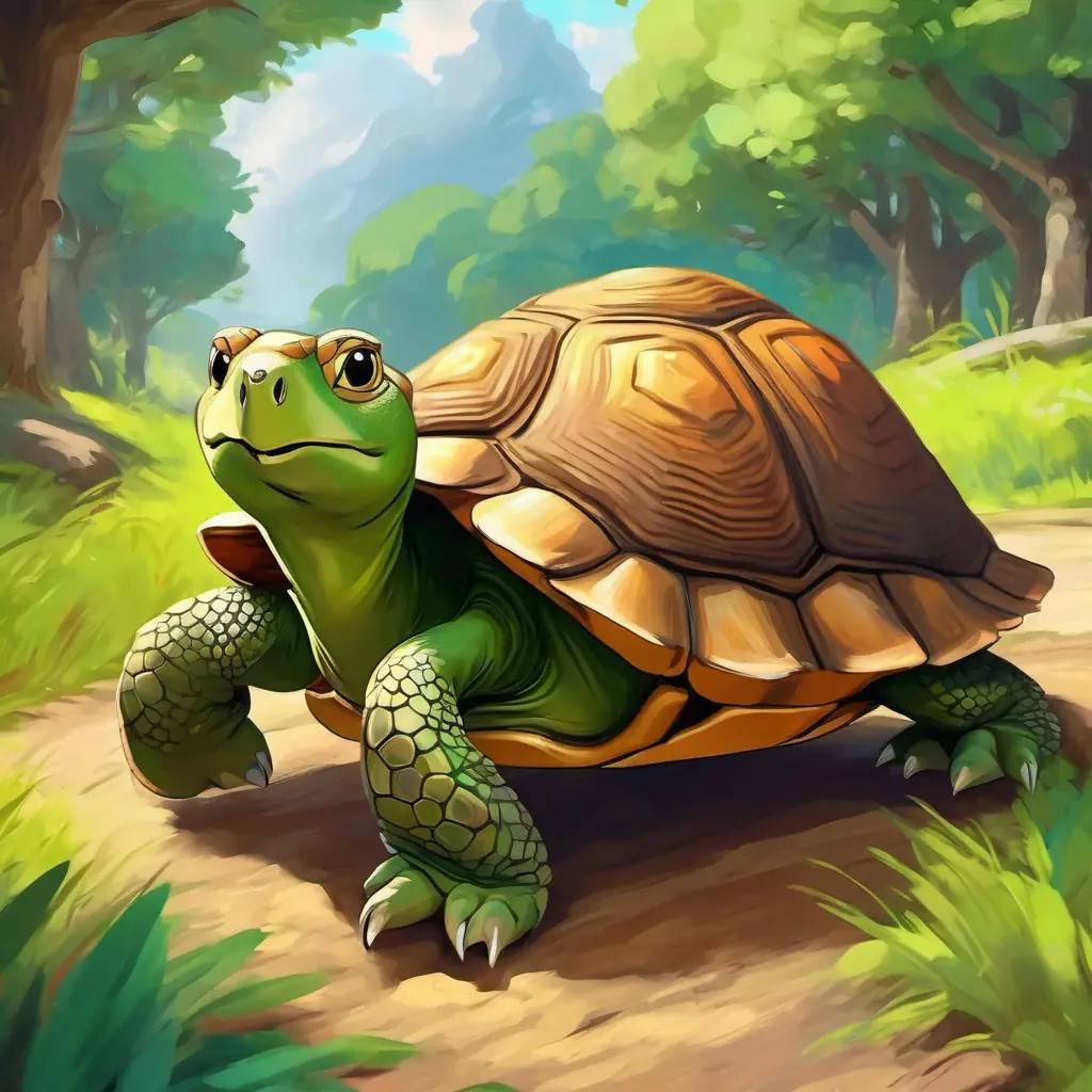 The The Tortoise has a green shell and kind eyes and the The Hare has brown fur and quick, bright eyes start a race with a crowd watching.