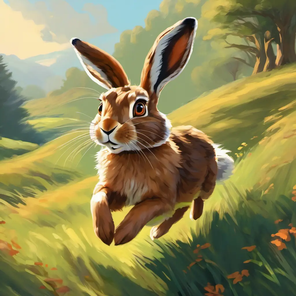 The The Hare has brown fur and quick, bright eyes quickly takes the lead and rushes ahead.