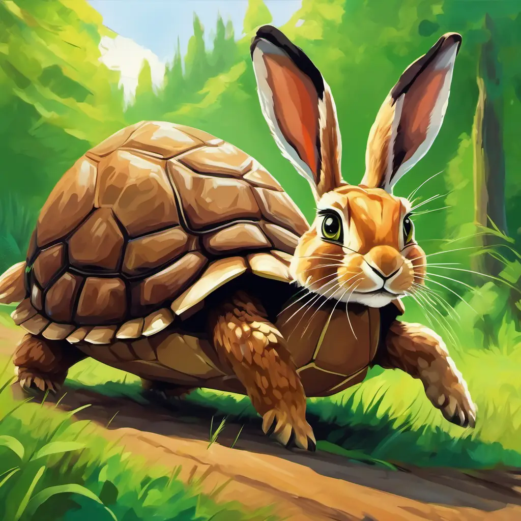 The The Hare has brown fur and quick, bright eyes wakes up and realizes the The Tortoise has a green shell and kind eyes is close to the finish line.