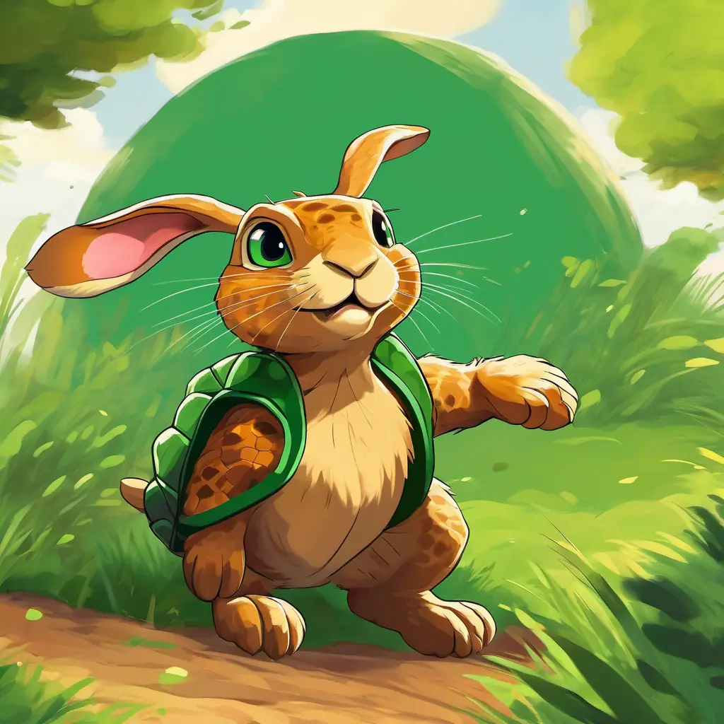 The The Hare has brown fur and quick, bright eyes rushes towards the finish line, but the The Tortoise has a green shell and kind eyes has already won.