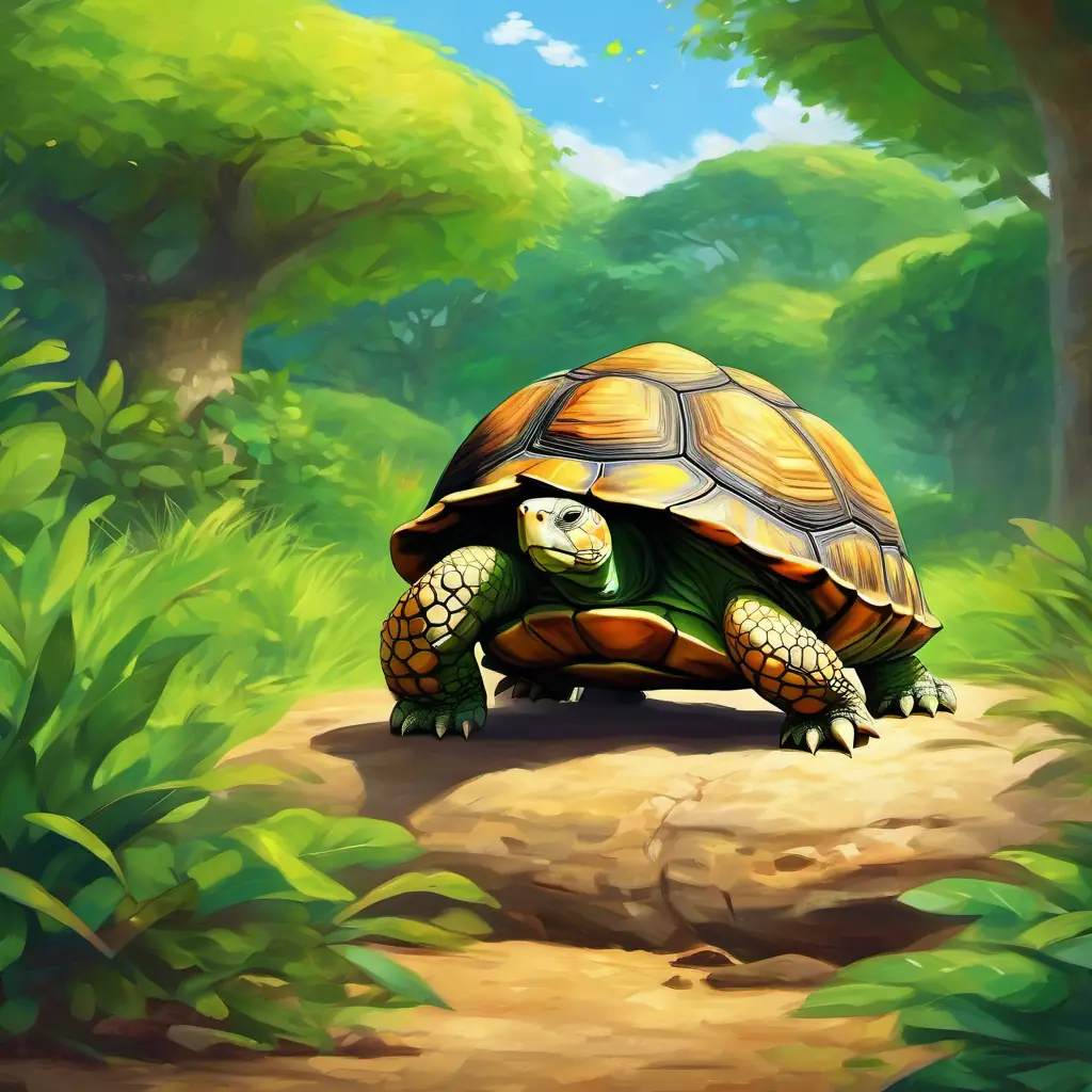 The The Tortoise has a green shell and kind eyes is declared the winner, showing the lesson of the story.