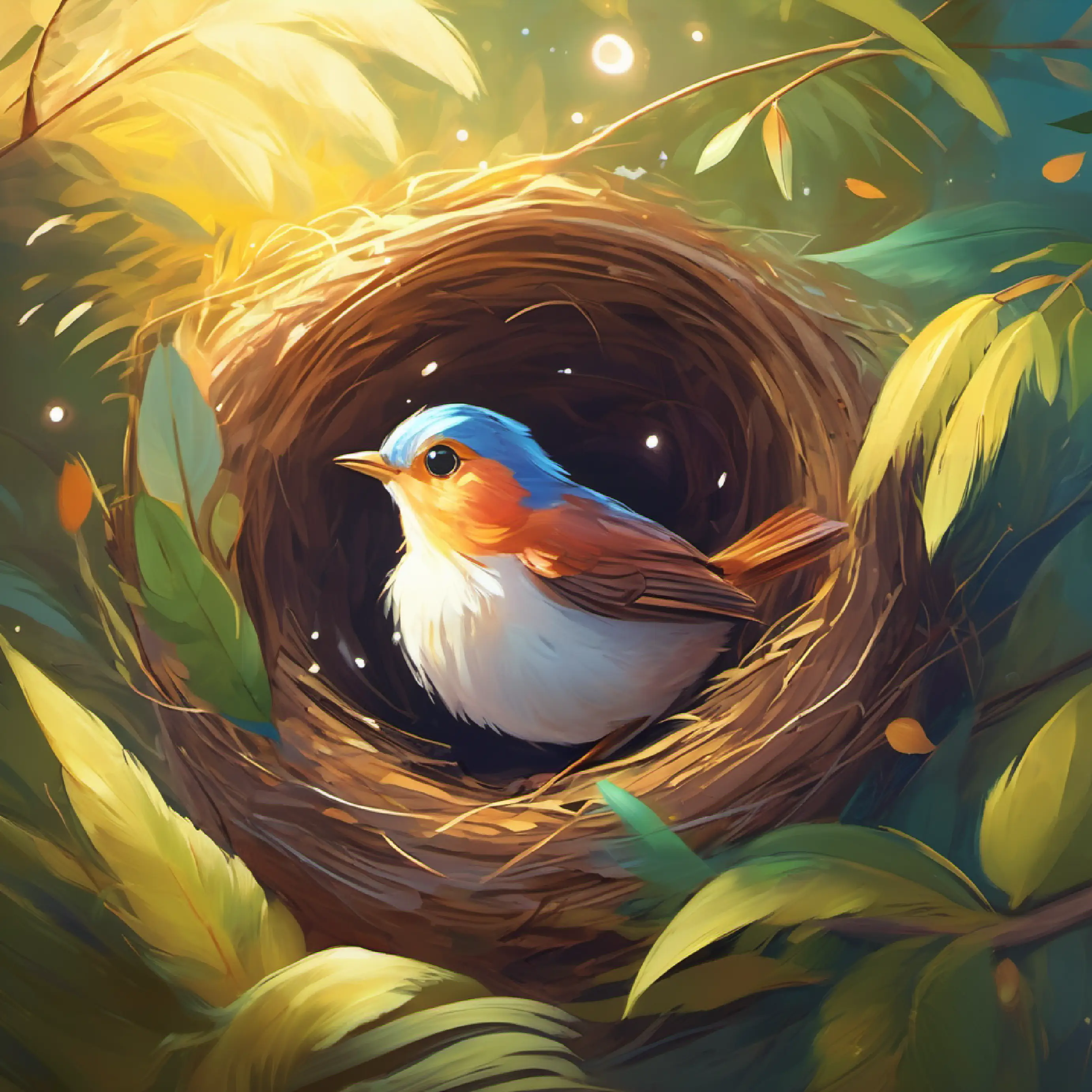 Small, joyful bird with bright feathers and sparkling eyes wakes up in her nest, eager to start her day.