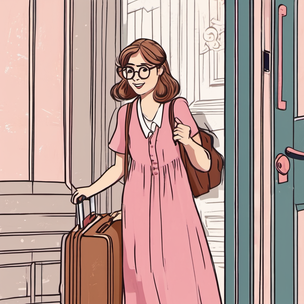Friendly woman with brown hair, wearing glasses. with suitcase, knocking on Caring woman with blonde hair, wearing a pink dress.'s door