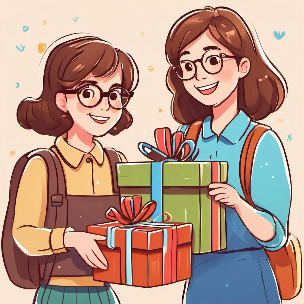 Friendly woman with brown hair, wearing glasses. giving gifts to smiling girlren