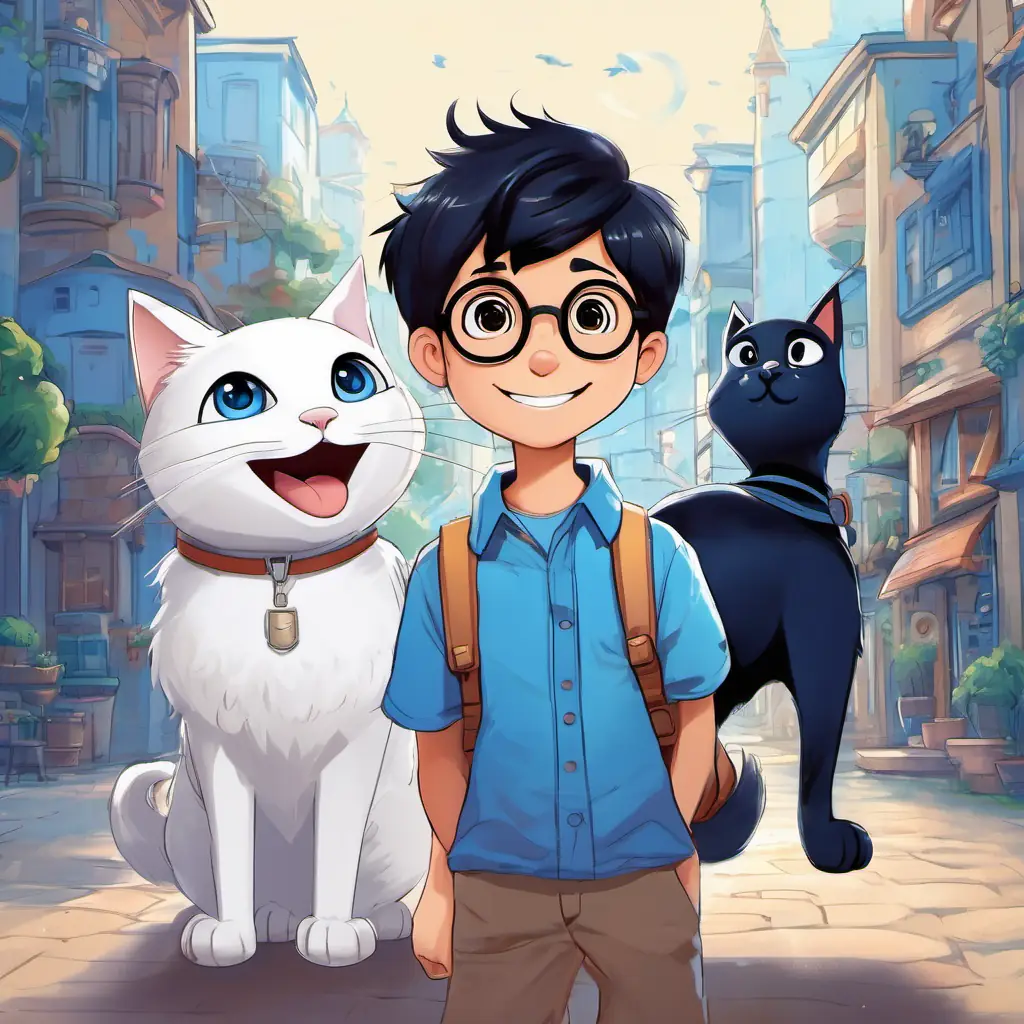 Town, Blue robotic cat, white belly, big eyes, friendly smile, Boy with black hair, glasses, blue and white shirt, lost puppy, helping others, friendship