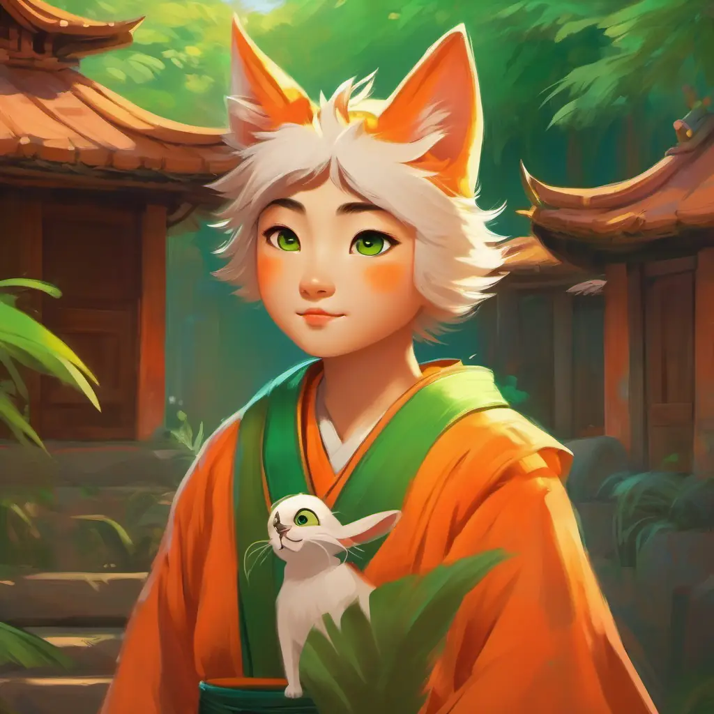 Introduction: Tao - Orange fur, bright green eyes, playful and brave in an Asian village, dreaming of adventure, surrounded by humans and other animals.