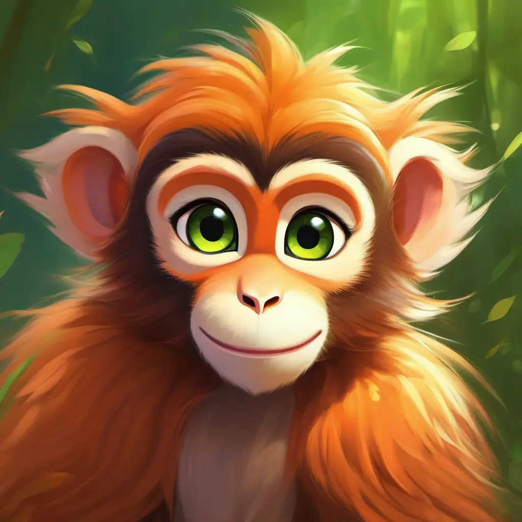 Tao - Orange fur, bright green eyes, playful and brave meets Mei - Brown fur, mischievous, with twinkling brown eyes, a nimble monkey, learning about agility and playfulness.