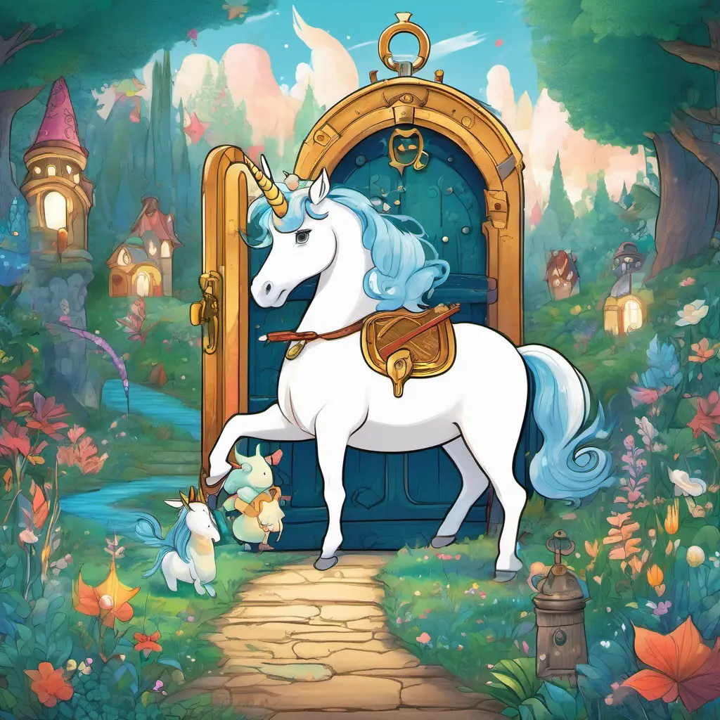 A beautiful clearing with a treasure chest. White unicorn with a shiny horn, Small fairy with a wand, Mermaid with long blue hair, and Gnome with a pointy hat looking at the locked chest. White unicorn with a shiny horn entering the number 55 into the lock.