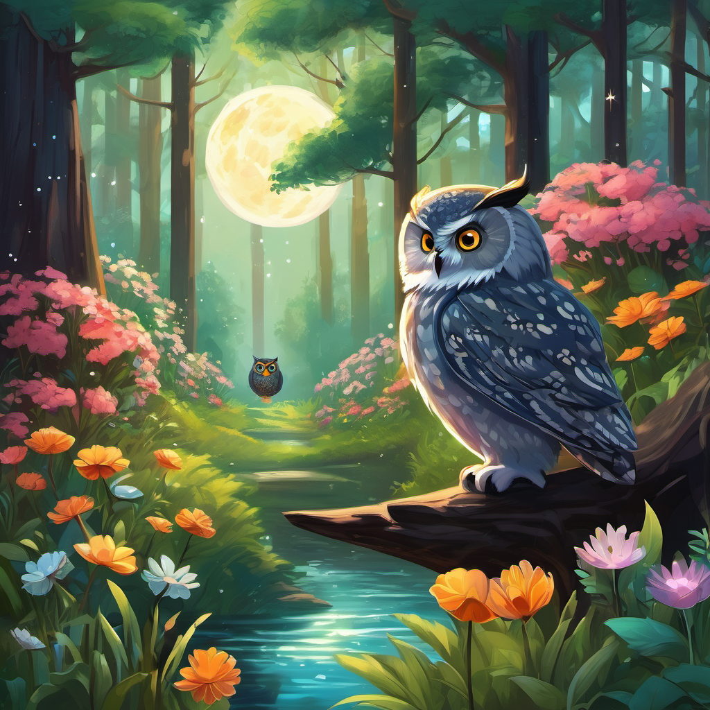 As Benji hopped along the forest path, he discovered a sparkling river that shimmered like diamonds. He couldn't resist but take a sip from its cool, refreshing water. Suddenly, a wise old owl perched on a nearby tree called out, "Beware, dear bunny, for the moon holds many secrets!" Intrigued by the owl's warning, Benji continued on his journey. Soon, he stumbled upon a beautiful flower garden where vibrant petals bloomed in every color imaginable. It smelled heavenly, and Benji couldn't resist stopping to gather some nectar from the prettiest flowers. Just as he was about to take a bite, a mischievous butterfly fluttered by, saying, "The moonlight reveals hidden wonders, my curious friend!"