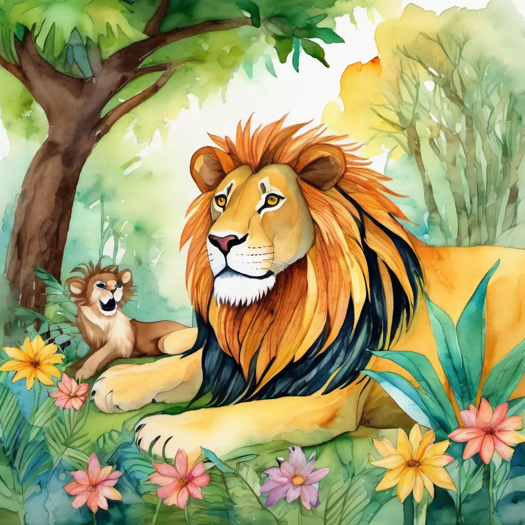 A big jungle with tall trees and colorful flowers. The A big and strong lion with golden fur and fierce eyes is lying down under a shady tree, and the A tiny mouse with brown fur and curious eyes is running over his paw.