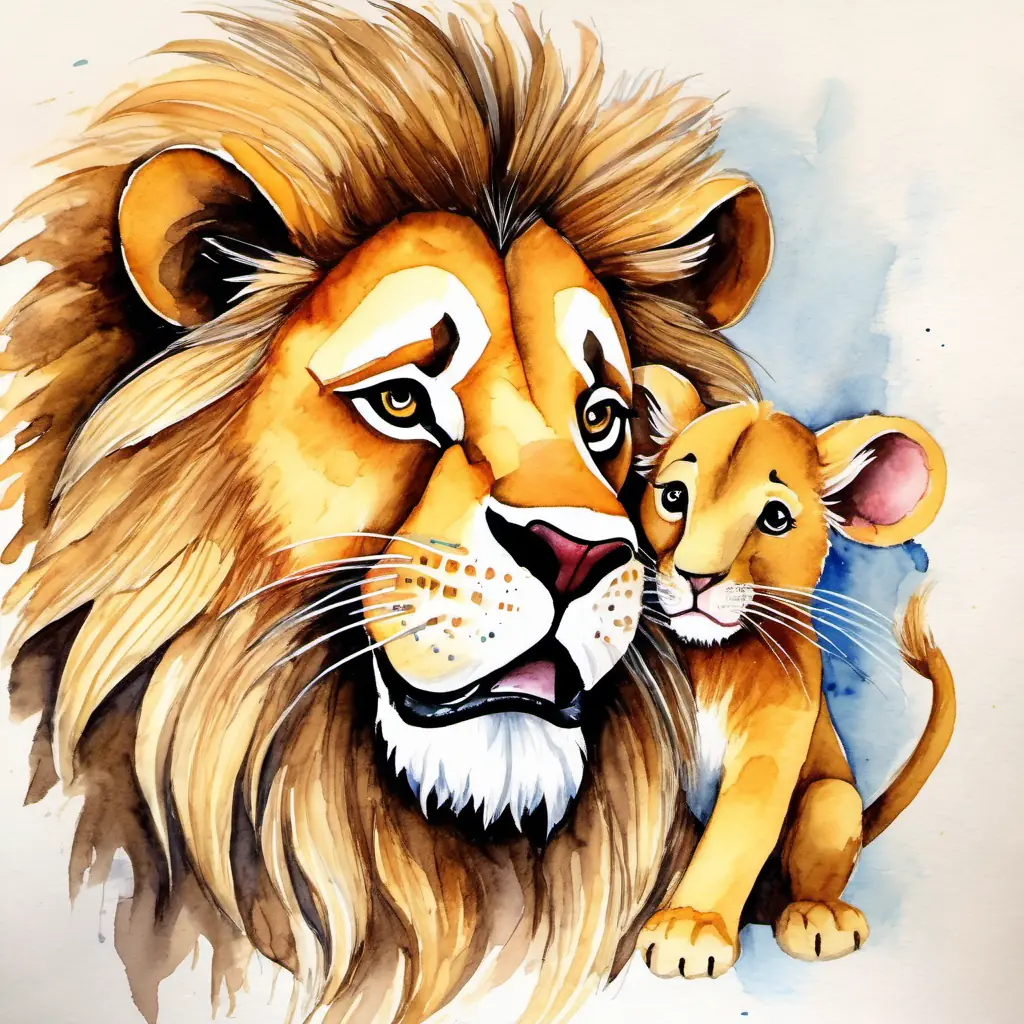 The A big and strong lion with golden fur and fierce eyes and the A tiny mouse with brown fur and curious eyes are happily playing together. They both look happy and friendly.