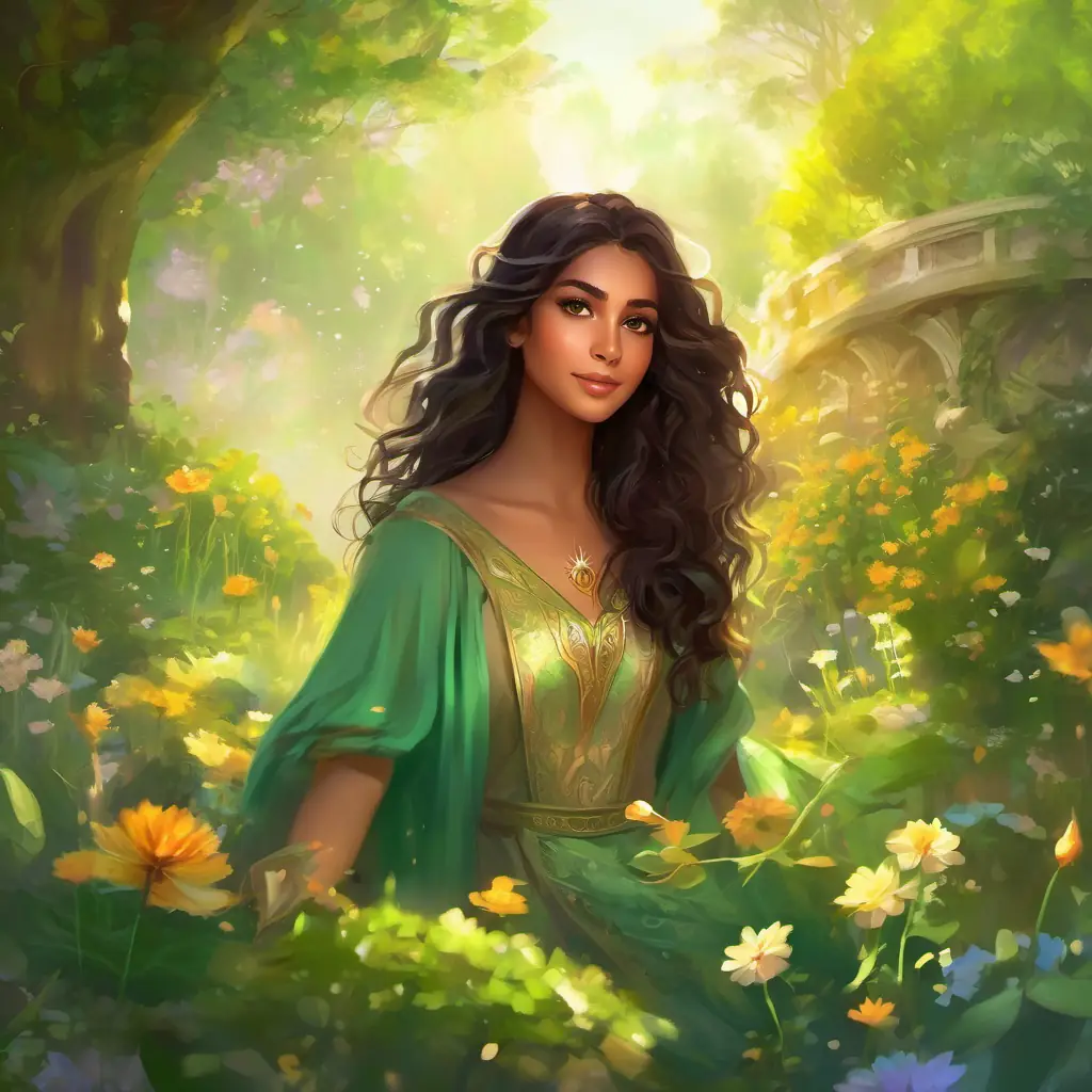 Garden with Faiqa: long dark hair, kind brown eyes and Shama: short curly hair, bright green eyes, sunny day, happy faces