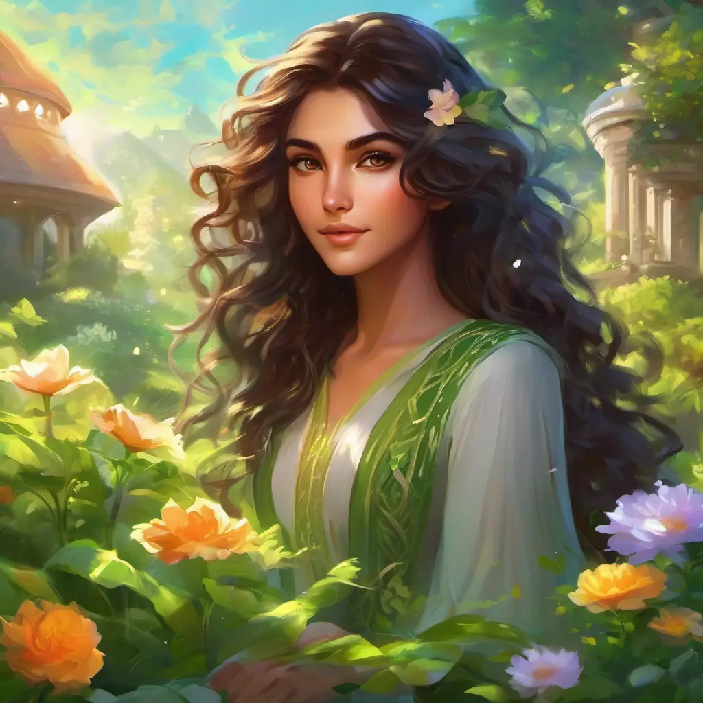 Faiqa: long dark hair, kind brown eyes and Shama: short curly hair, bright green eyes in their garden, sunny day, tending and nurturing