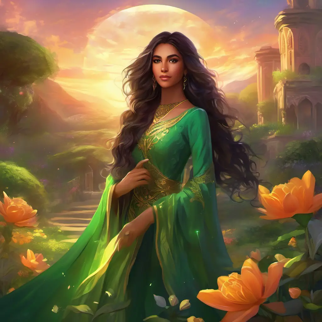 Legacy of Faiqa: long dark hair, kind brown eyes and Shama: short curly hair, bright green eyes's garden, sunset, enduring power and beauty