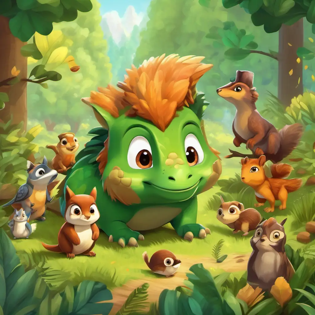 A picture of Green skin, brown eyes, friendly dinosaur who loves adventures, Brown fur, bushy tail, tiny squirrel who loves collecting acorns, Soft feathers, big round eyes, wise owl who knows secret places, and the other animals having a party in the forest