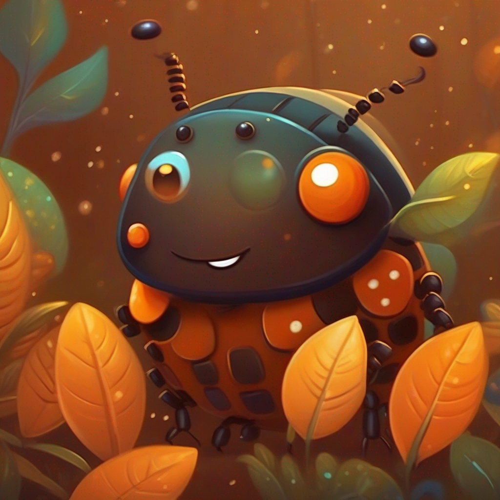 A cute and adventurous beetle, brown with orange spots and a friendly smile. talking to the microchip, who has a mischievous smile and sparkles.