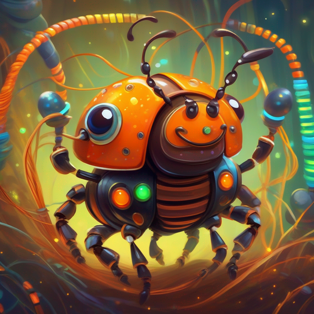 A cute and adventurous beetle, brown with orange spots and a friendly smile. and the microchip going on a thrilling journey through colorful wires and circuits.