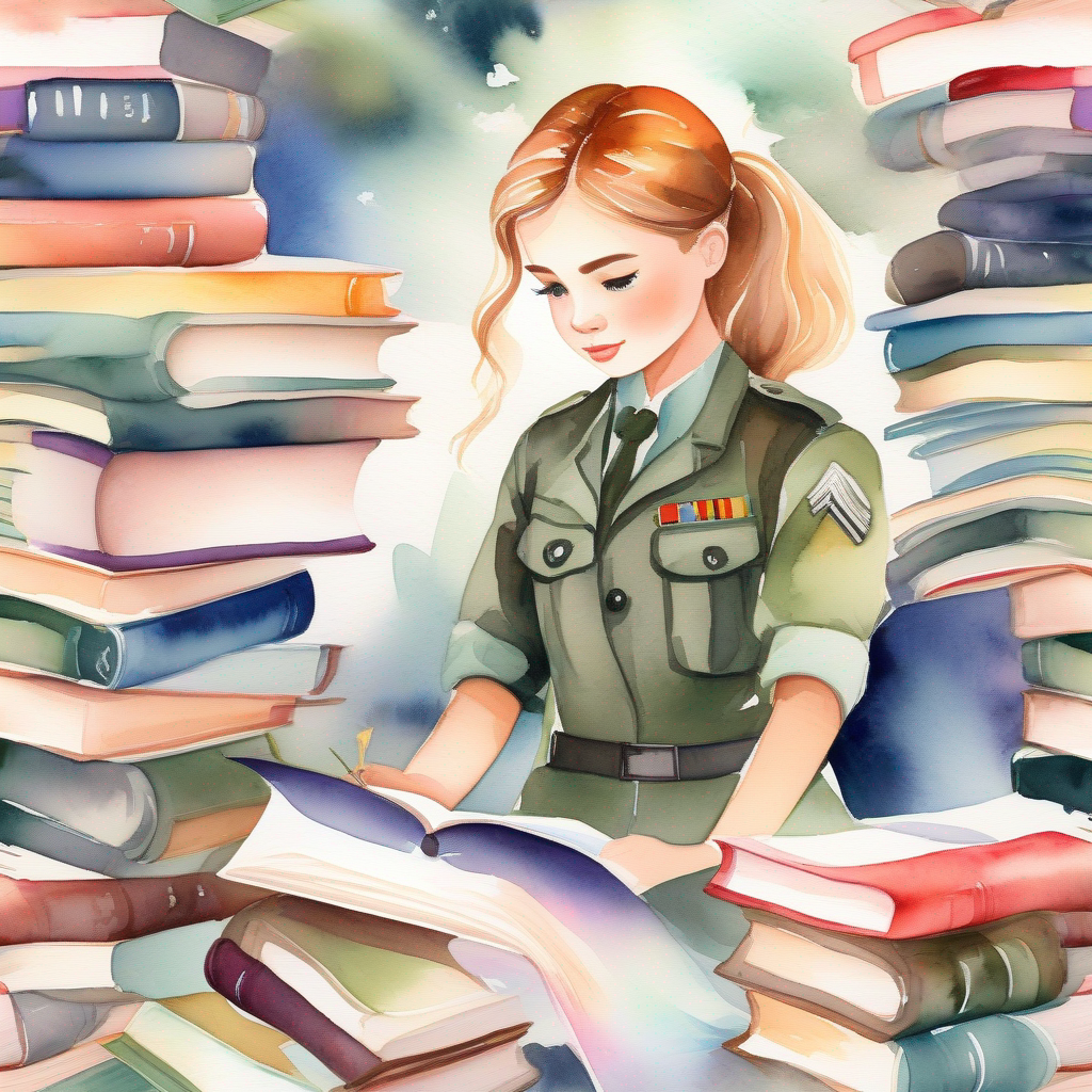 Brave girl with determination, dressed in army officer attire. surrounded by books and study materials, colors of knowledge and ambition.