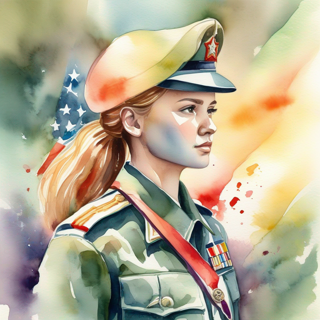 Brave girl with determination, dressed in army officer attire. triumphantly holding a medal of honor, colors of victory and pride.