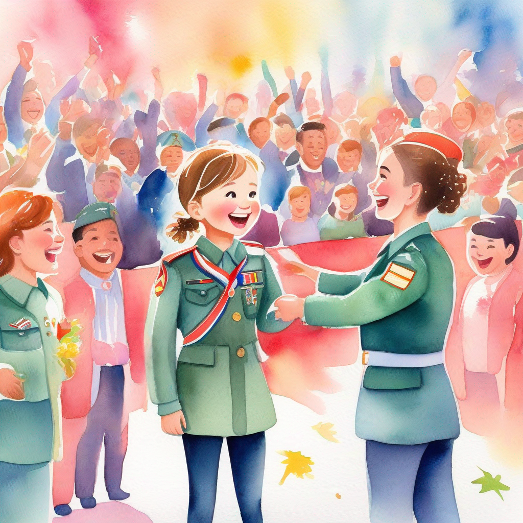 Brave girl with determination, dressed in army officer attire. on stage receiving her medal, surrounded by cheering crowd, colors of joy and fulfillment.