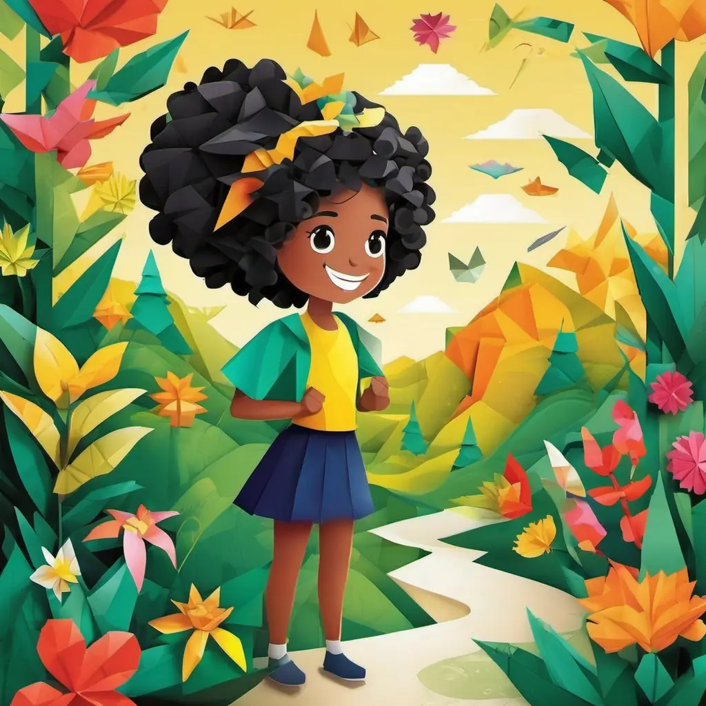 The story takes place in the town of Natureville. Curly black hair, autistic, bright smile, unique perspective, 10 words max, a girl with curly black hair, wears a bright smile. She is seen exploring nature.