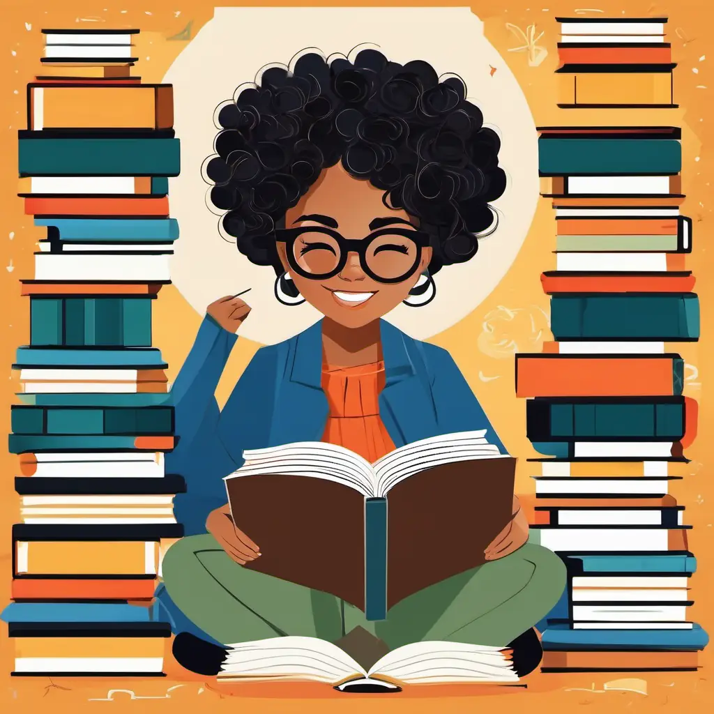Curly black hair, wears round glasses, smart and joyful, 10 words max, a girl of African descent, wears round glasses and has curly black hair. She is cheerful and often seen reading books.