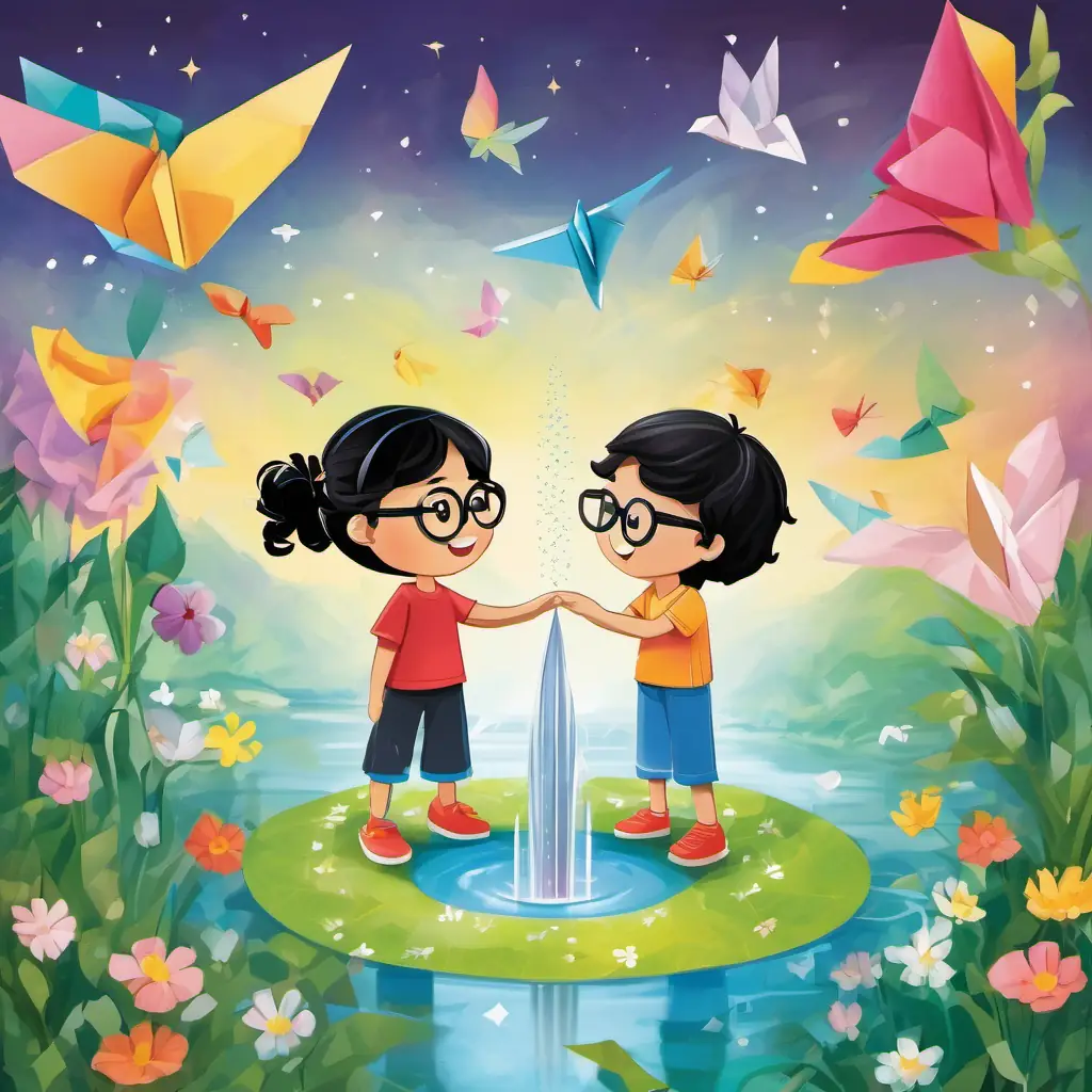 Curly black hair, autistic, bright smile, unique perspective, 10 words max and Curly black hair, wears round glasses, smart and joyful, 10 words max find a mystical fountain in the meadow. They hold hands and make a wish for everlasting friendship and joy.