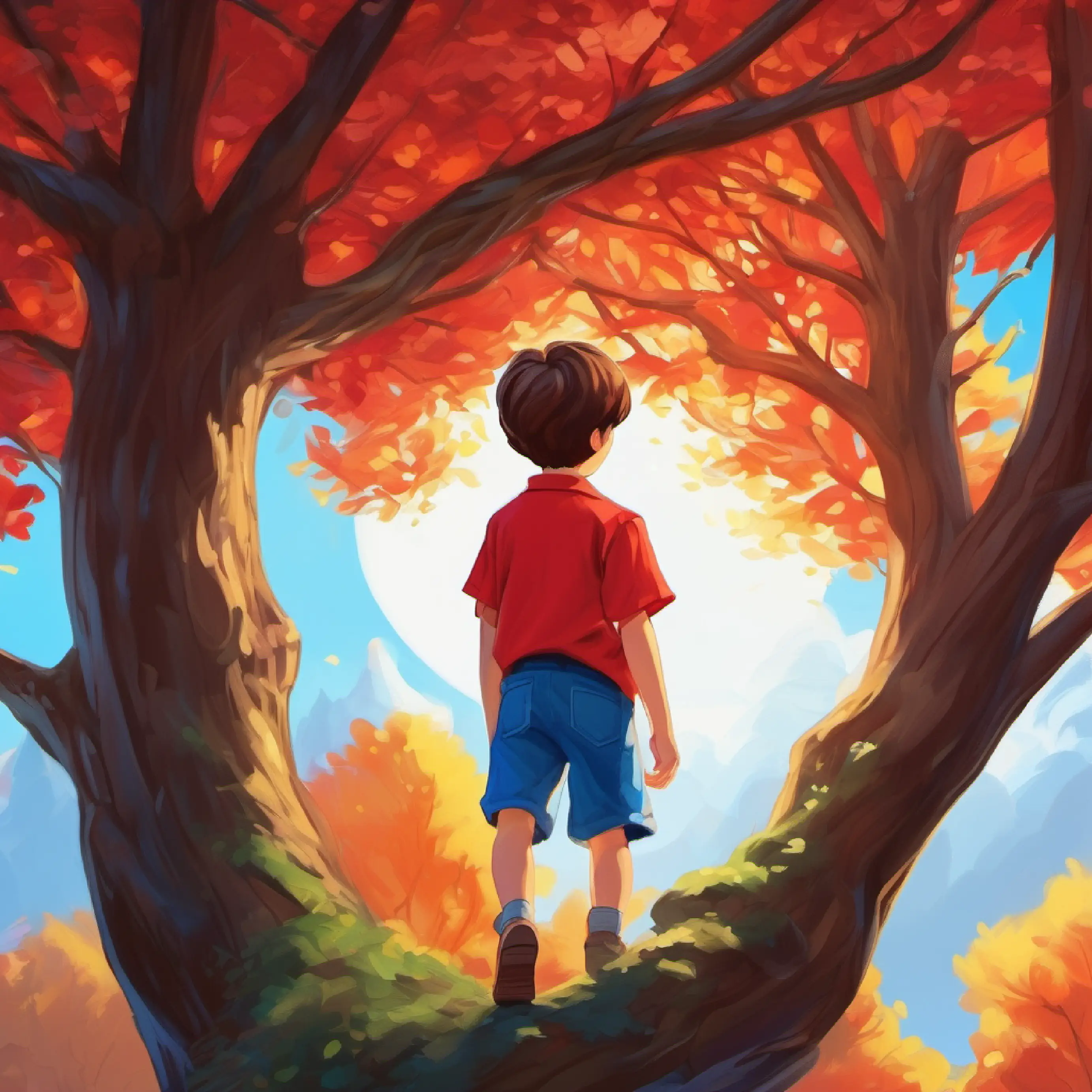 Descending the tree, Young boy, short brown hair, bright blue eyes, wearing a red shirt gains confidence.