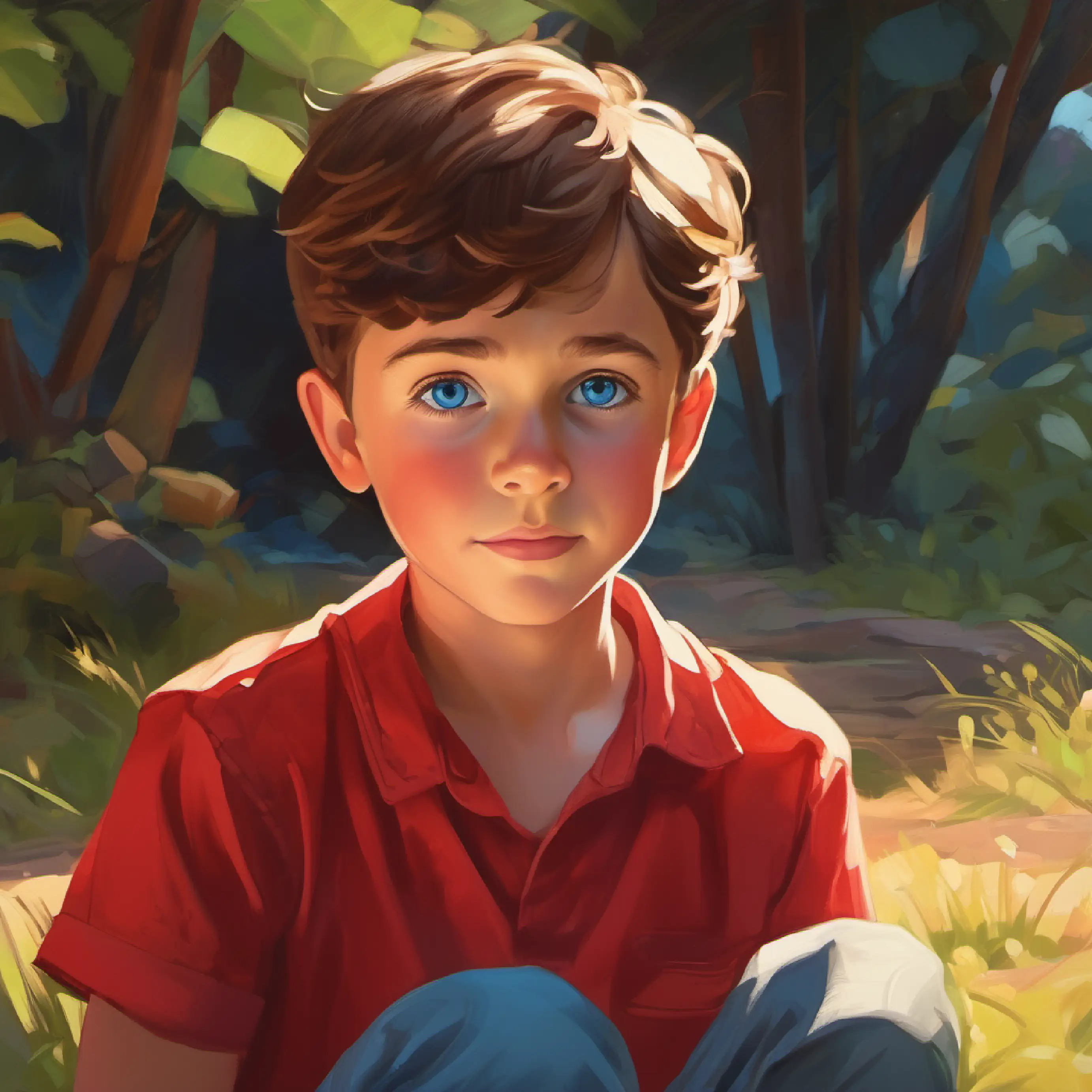 Young boy, short brown hair, bright blue eyes, wearing a red shirt reflects on his accomplishments with newfound confidence.