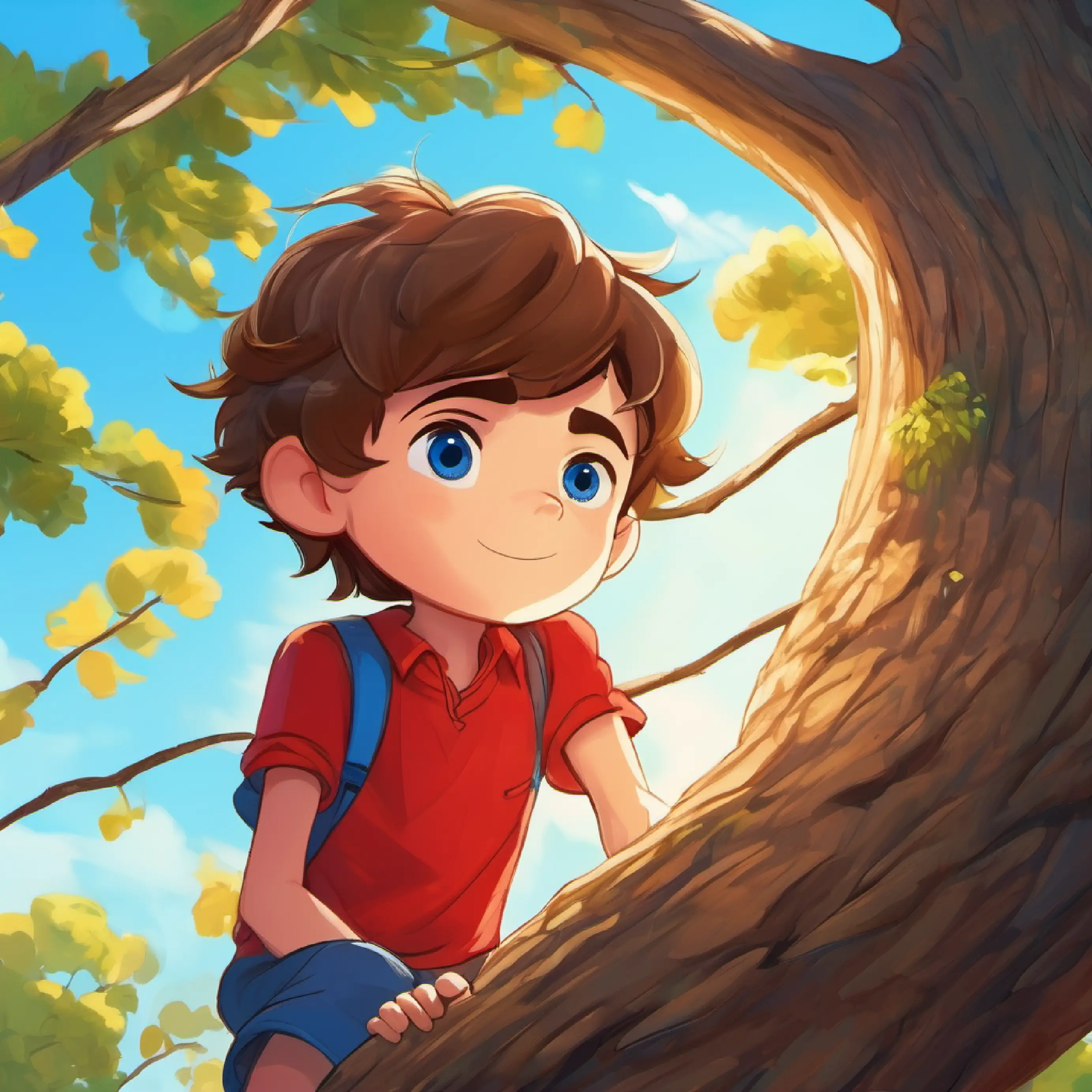 Tree branches seem inviting, Young boy, short brown hair, bright blue eyes, wearing a red shirt decides to wait for recess to climb.
