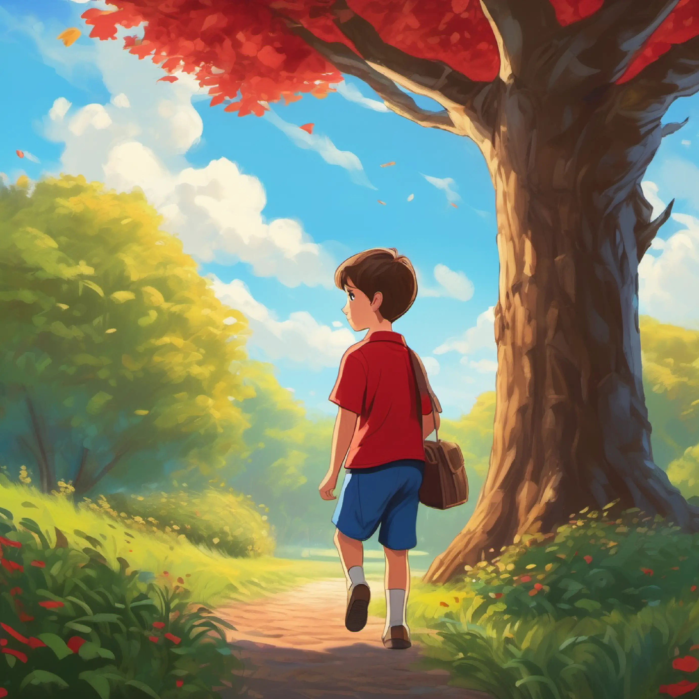 The school bell rings for recess and Young boy, short brown hair, bright blue eyes, wearing a red shirt heads to the tree determinedly.