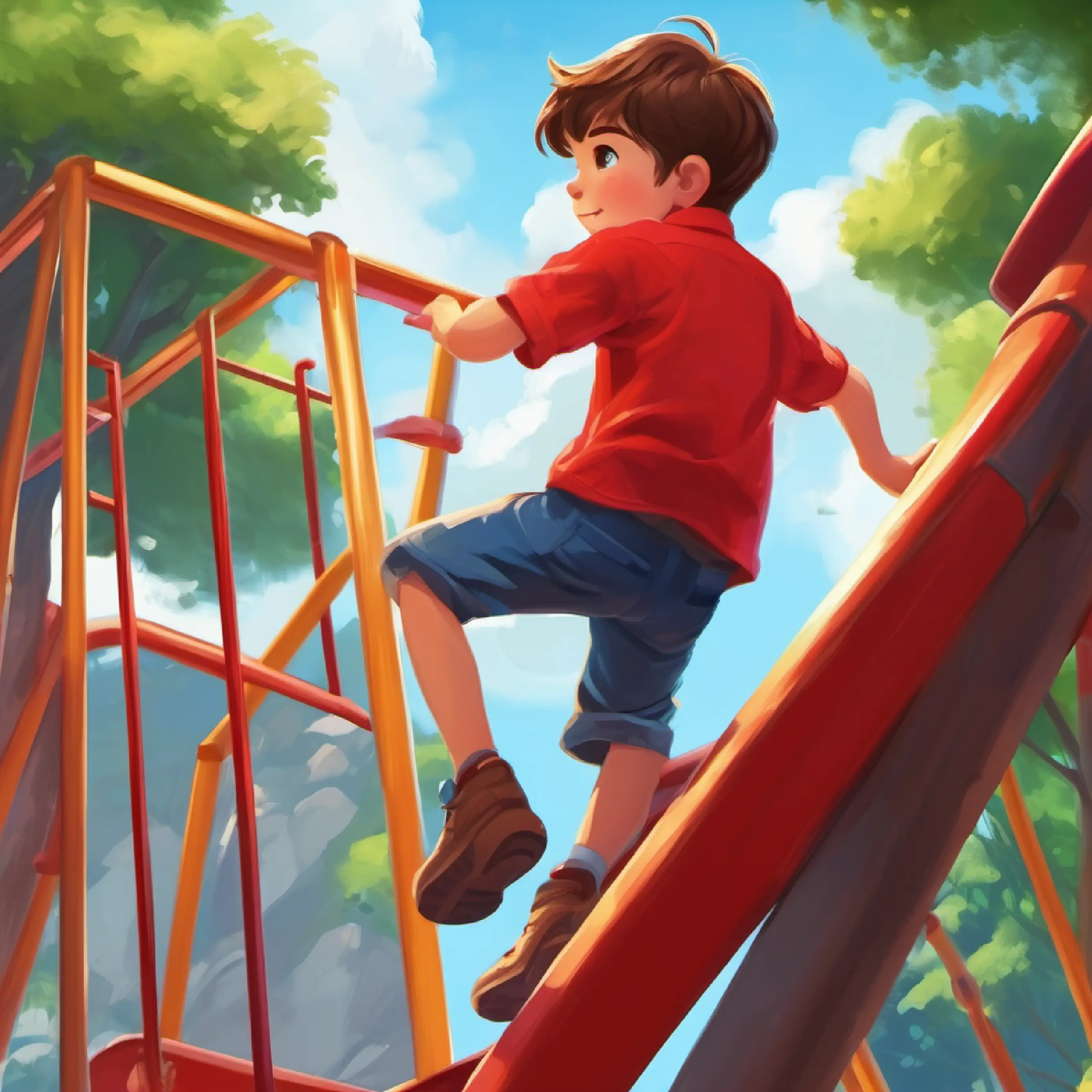 Young boy, short brown hair, bright blue eyes, wearing a red shirt climbs higher and the playground appears small.