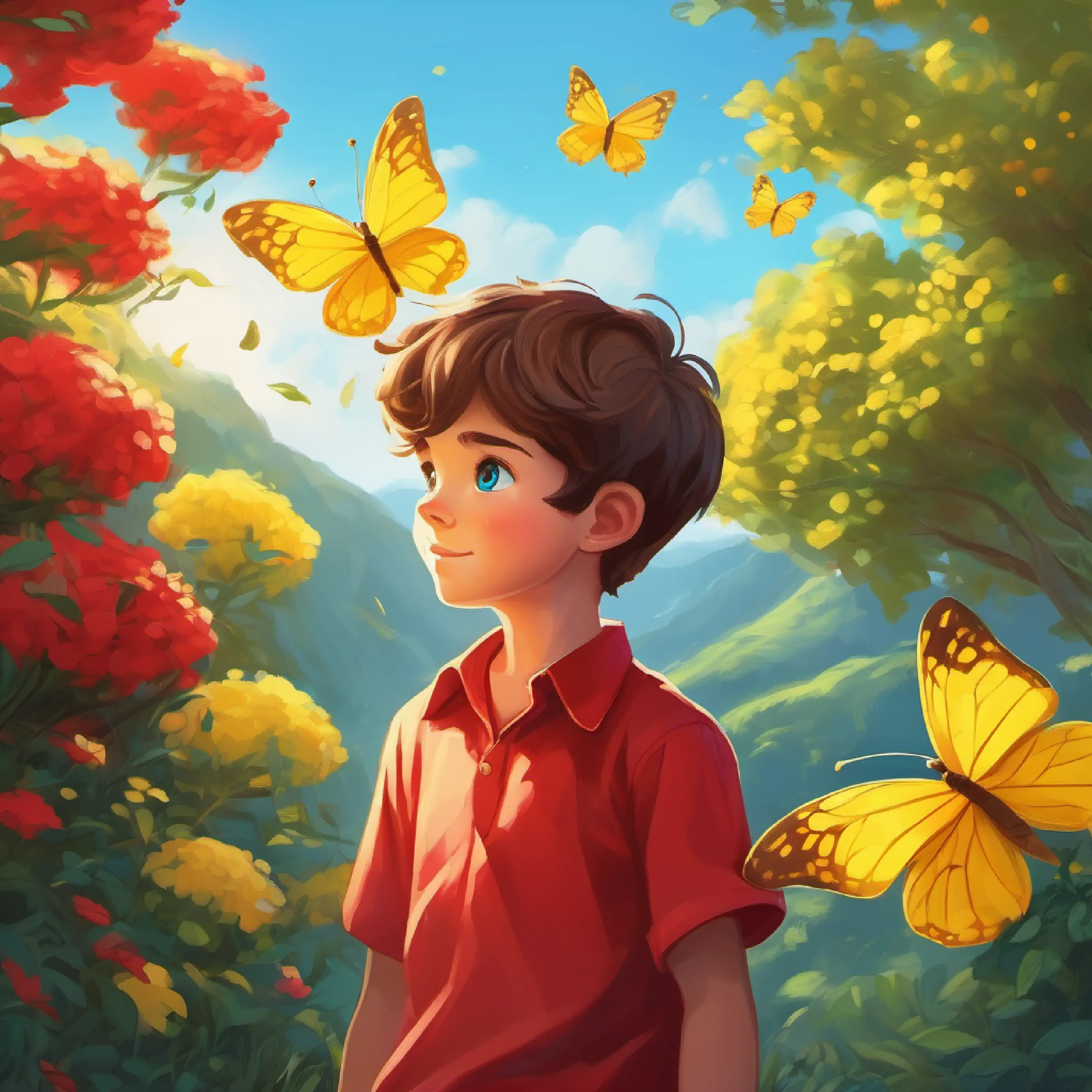 A bright yellow butterfly catches Young boy, short brown hair, bright blue eyes, wearing a red shirt's attention.